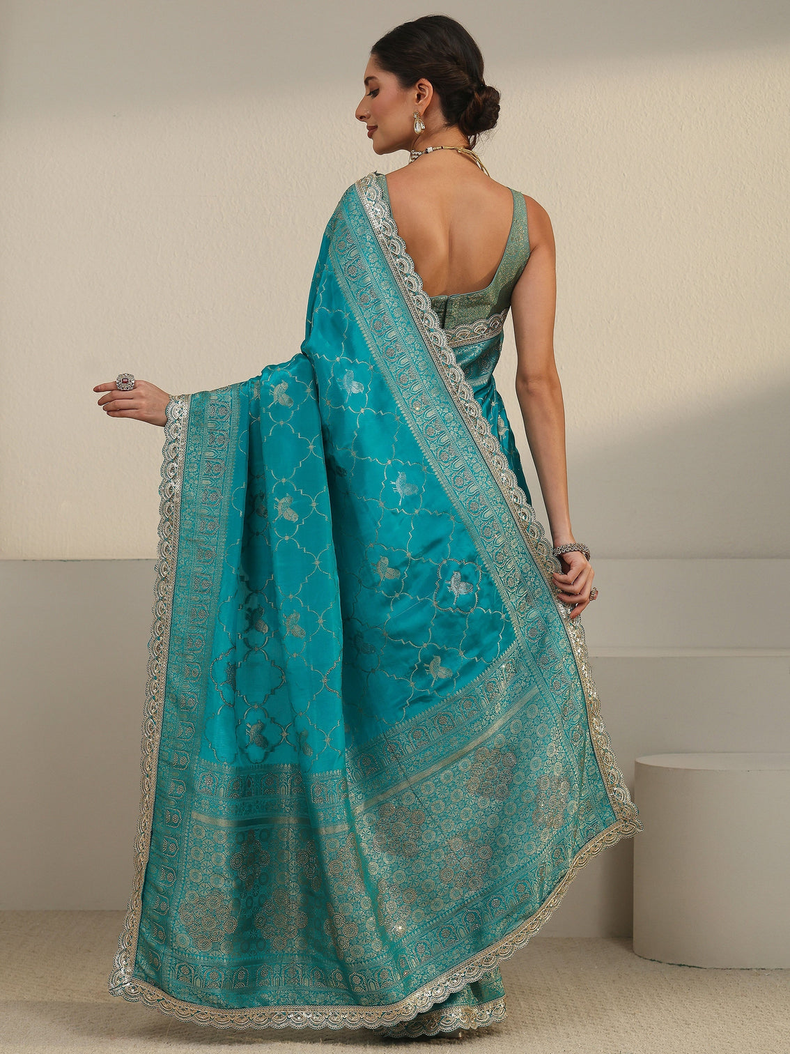 Mameraa Art Turquoise Blue Woven Design Silk Blend Saree