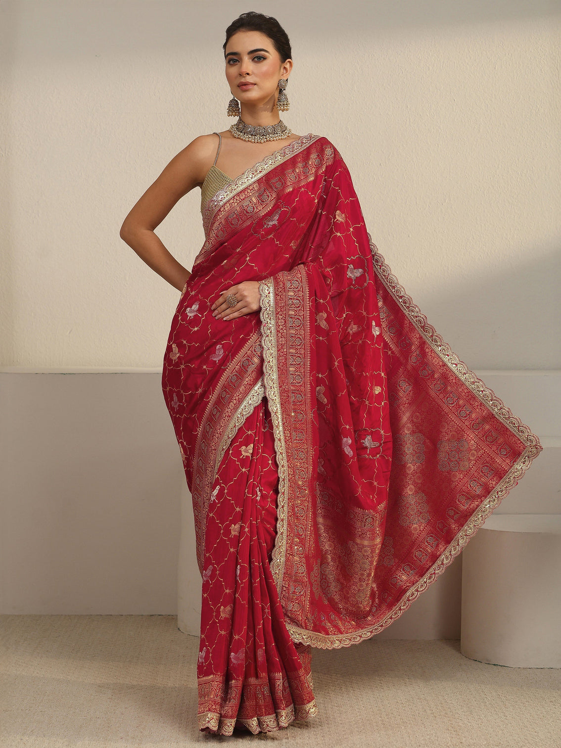 Mameraa Art Crimson Red Woven Design Silk Blend Saree