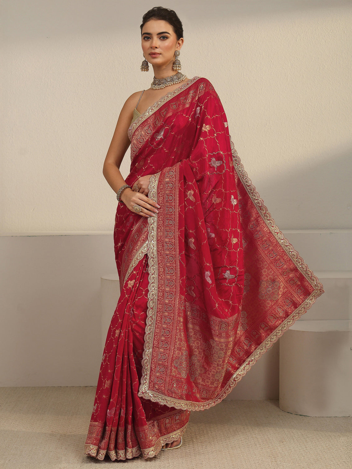 Mameraa Art Crimson Red Woven Design Silk Blend Saree