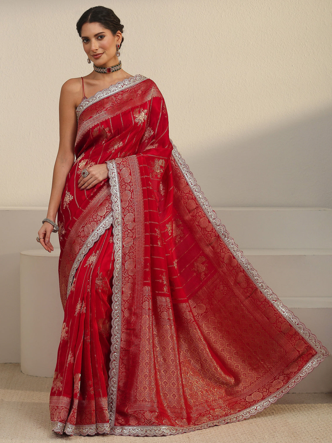 Mameraa Art Red Peacock Woven Design Silk Blend Saree