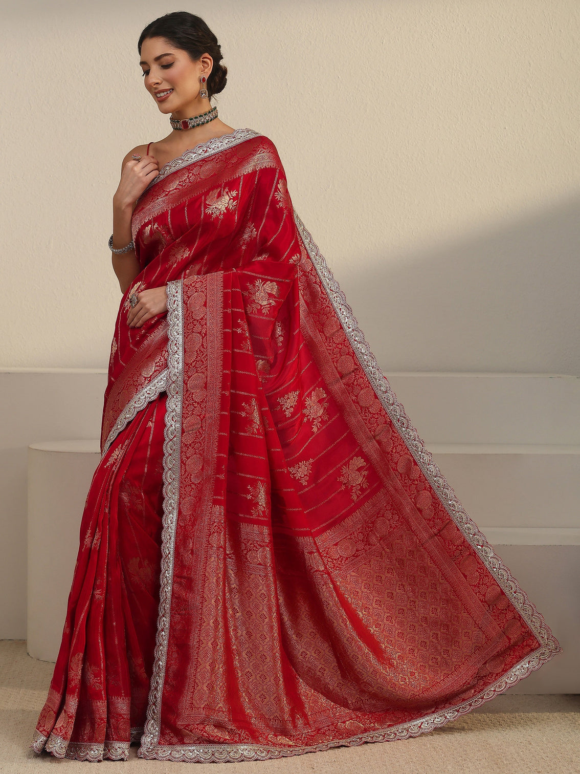 Mameraa Art Red Peacock Woven Design Silk Blend Saree
