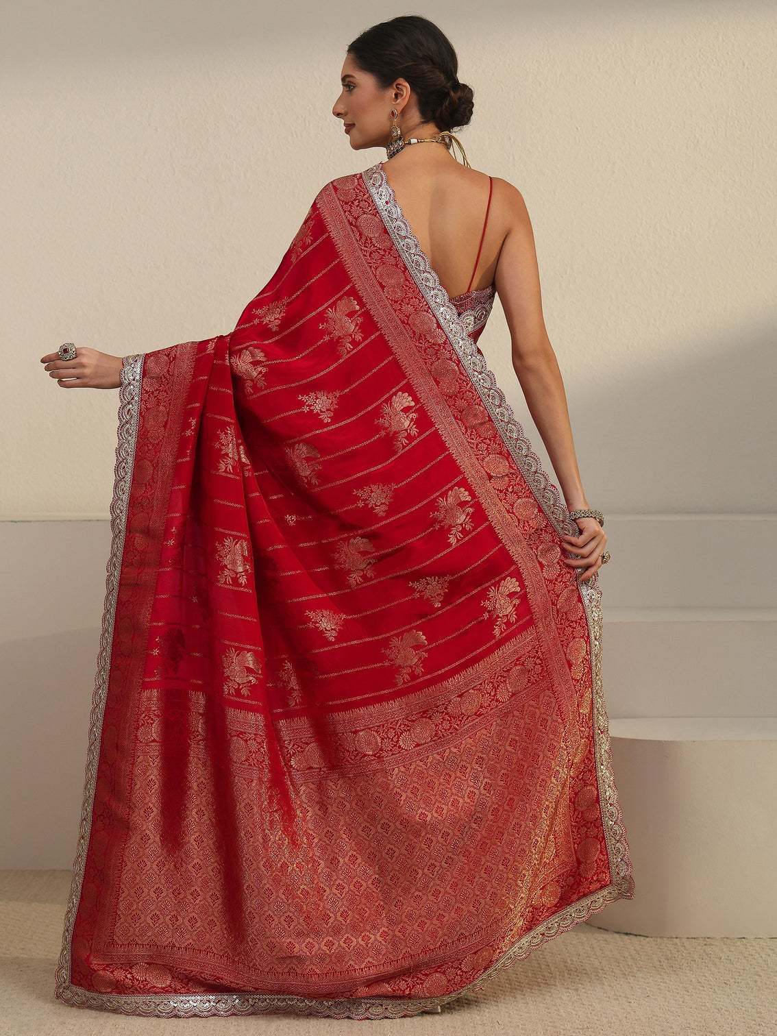 Mameraa Art Red Peacock Woven Design Silk Blend Saree