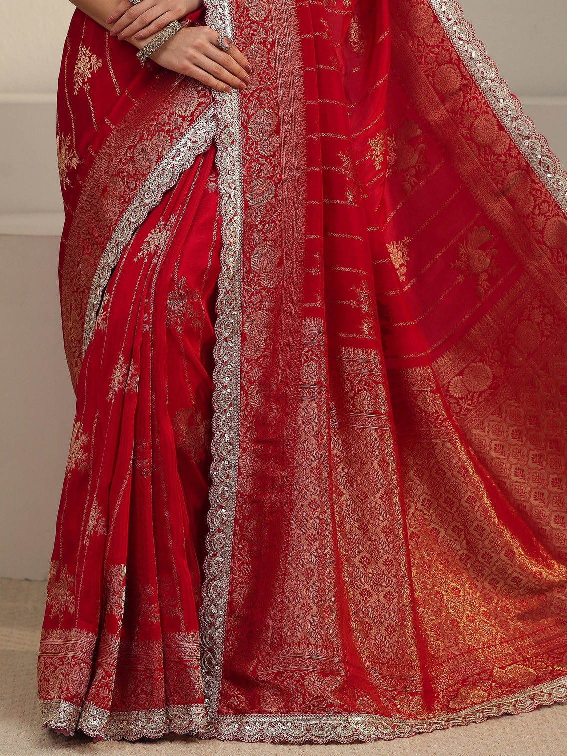 Mameraa Art Red Peacock Woven Design Silk Blend Saree