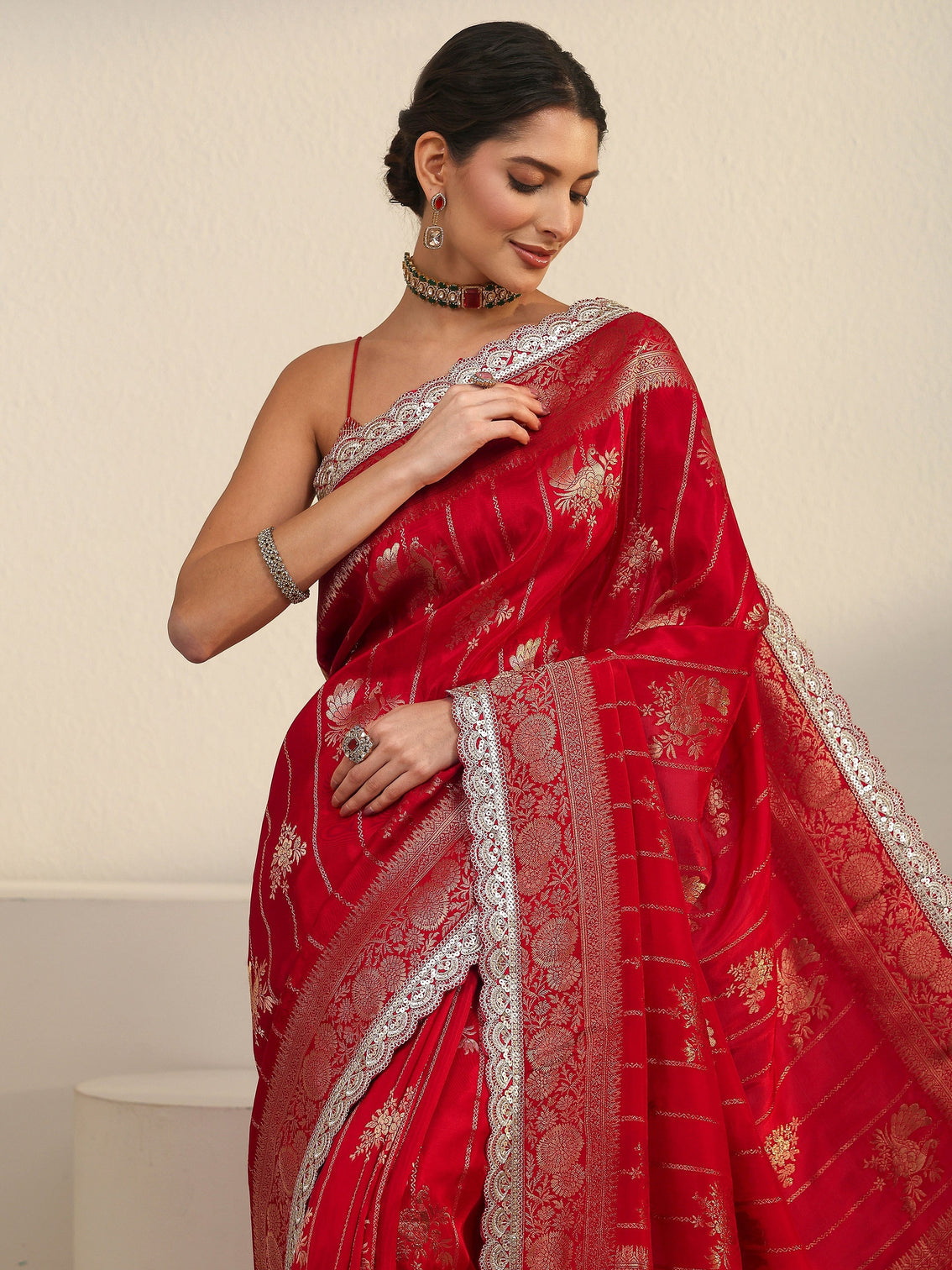 Mameraa Art Red Peacock Woven Design Silk Blend Saree