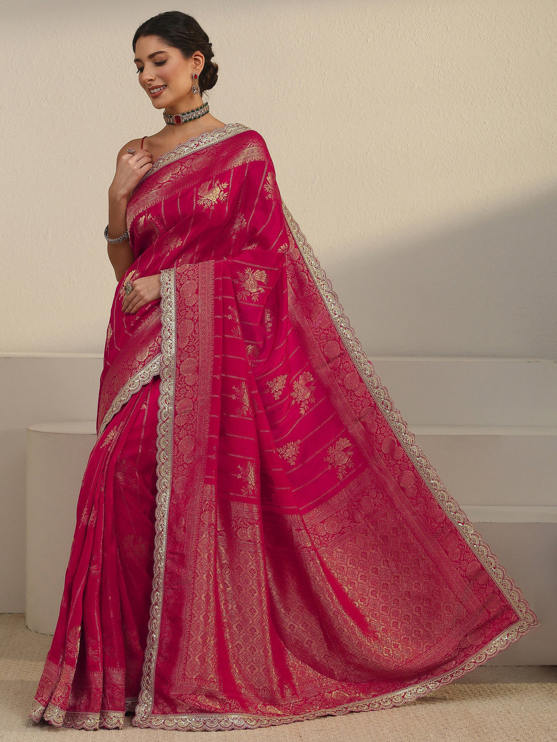 Mameraa Art Pink Peacock Woven Design Silk Blend Saree