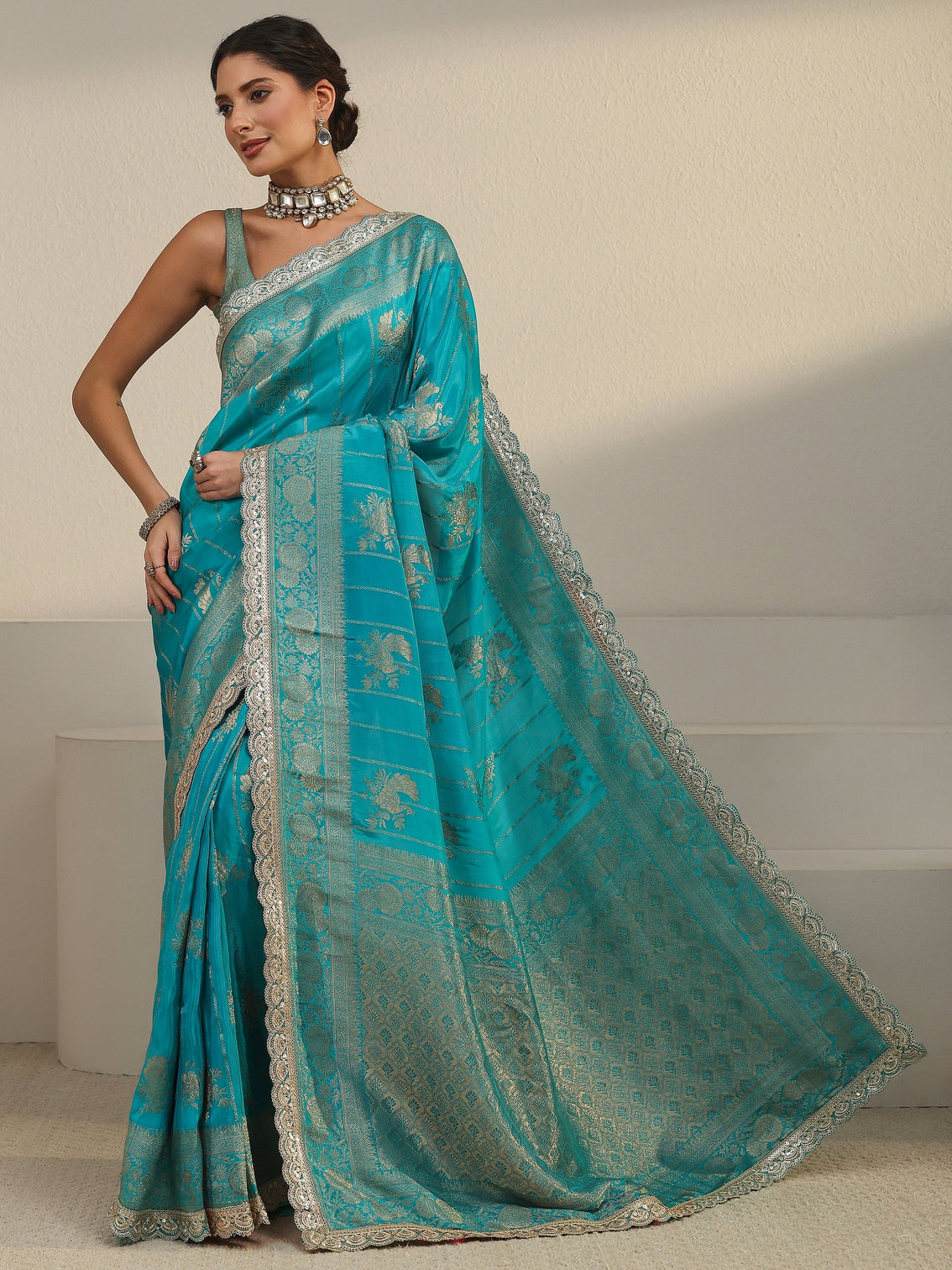 Mameraa Art Turquoise Peacock Woven Design Silk Blend Saree