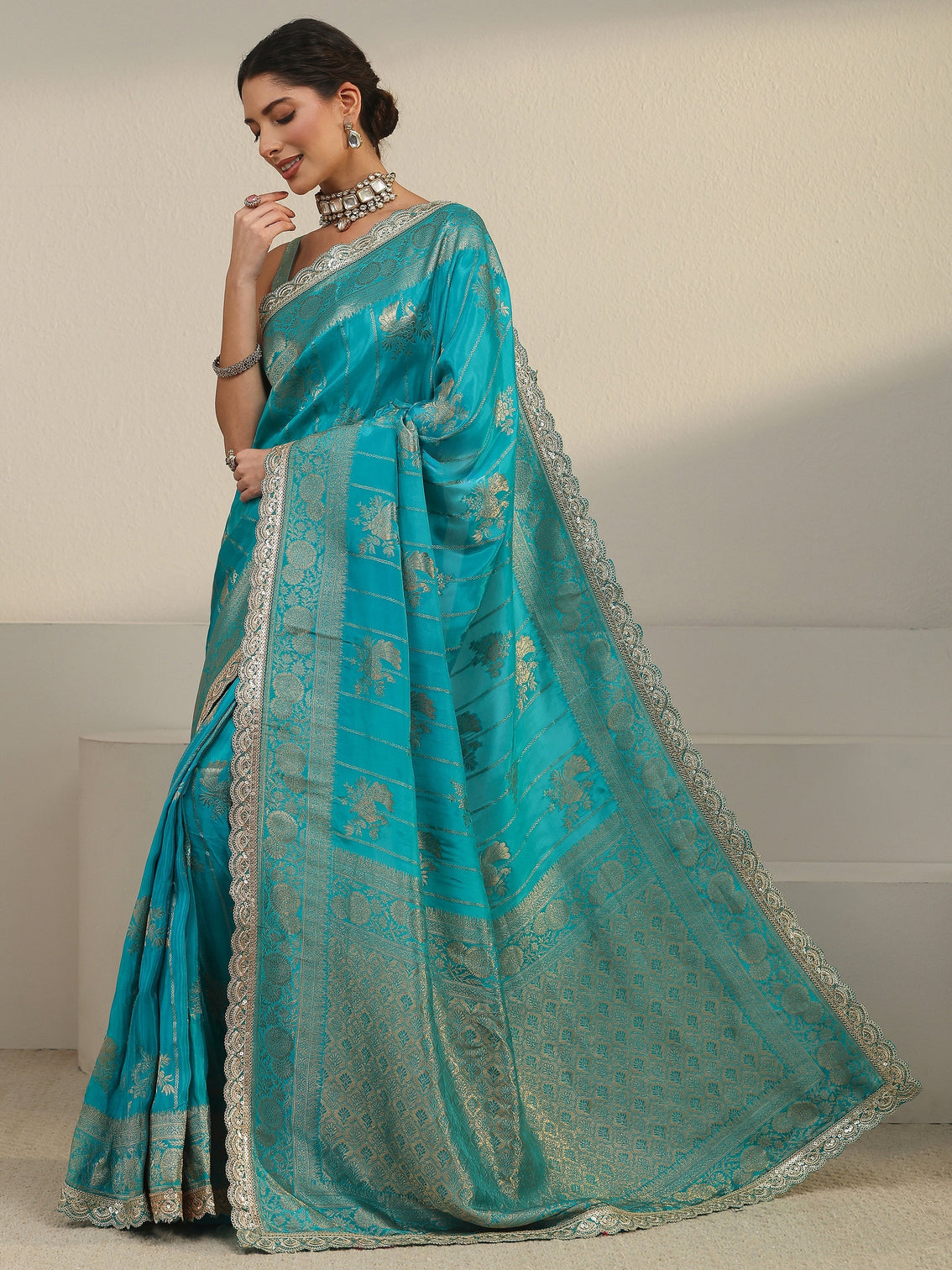 Mameraa Art Turquoise Peacock Woven Design Silk Blend Saree