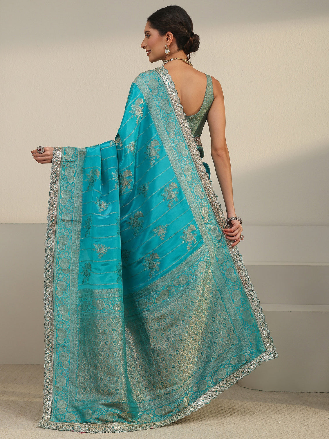 Mameraa Art Turquoise Peacock Woven Design Silk Blend Saree
