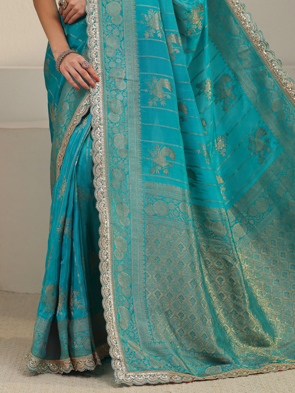 Mameraa Art Turquoise Peacock Woven Design Silk Blend Saree