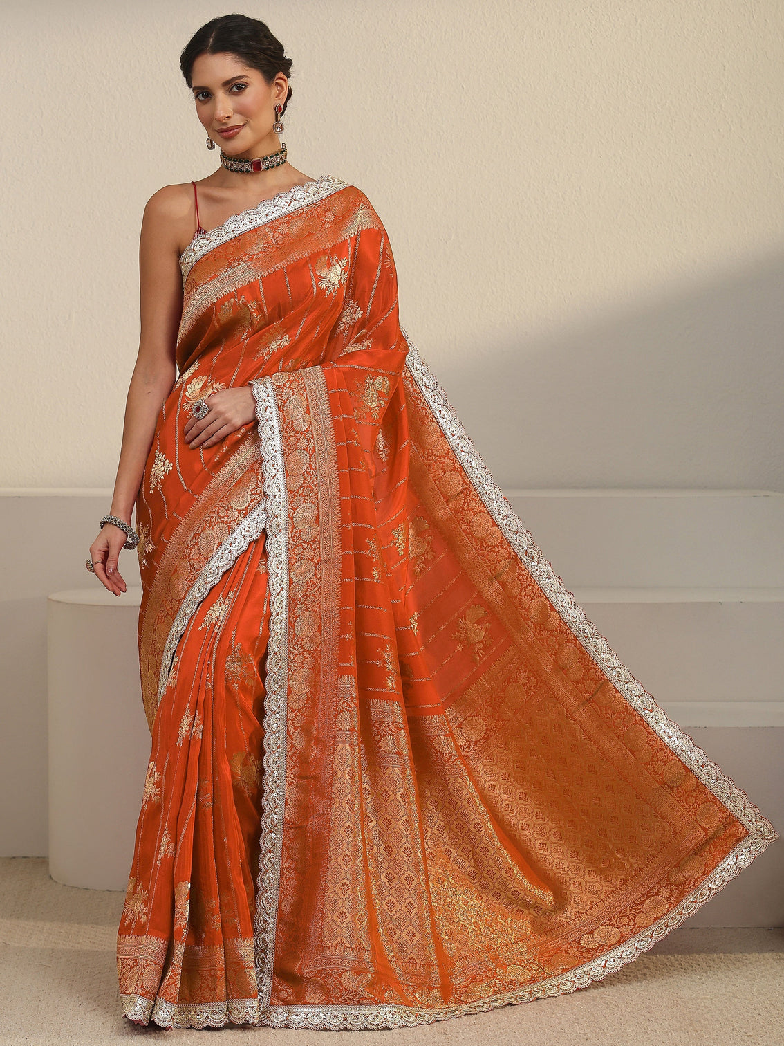 Mameraa Art Orange Peacock Woven Design Silk Blend Saree