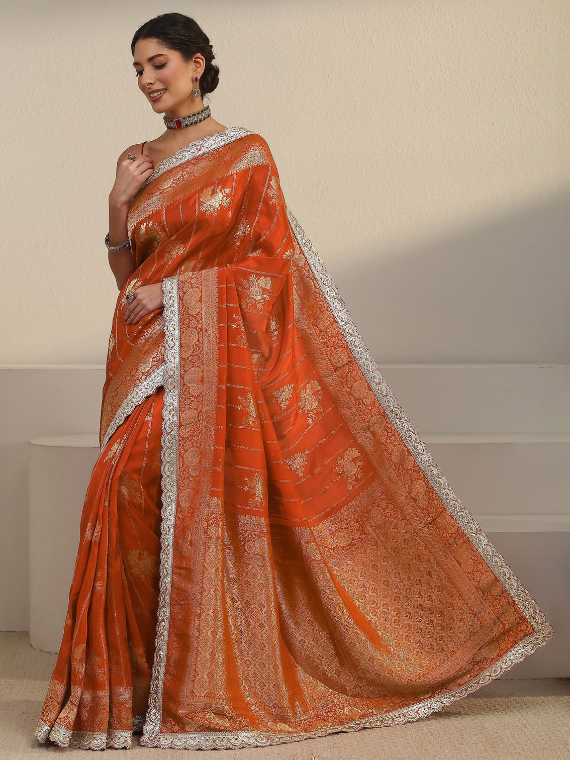 Mameraa Art Orange Peacock Woven Design Silk Blend Saree