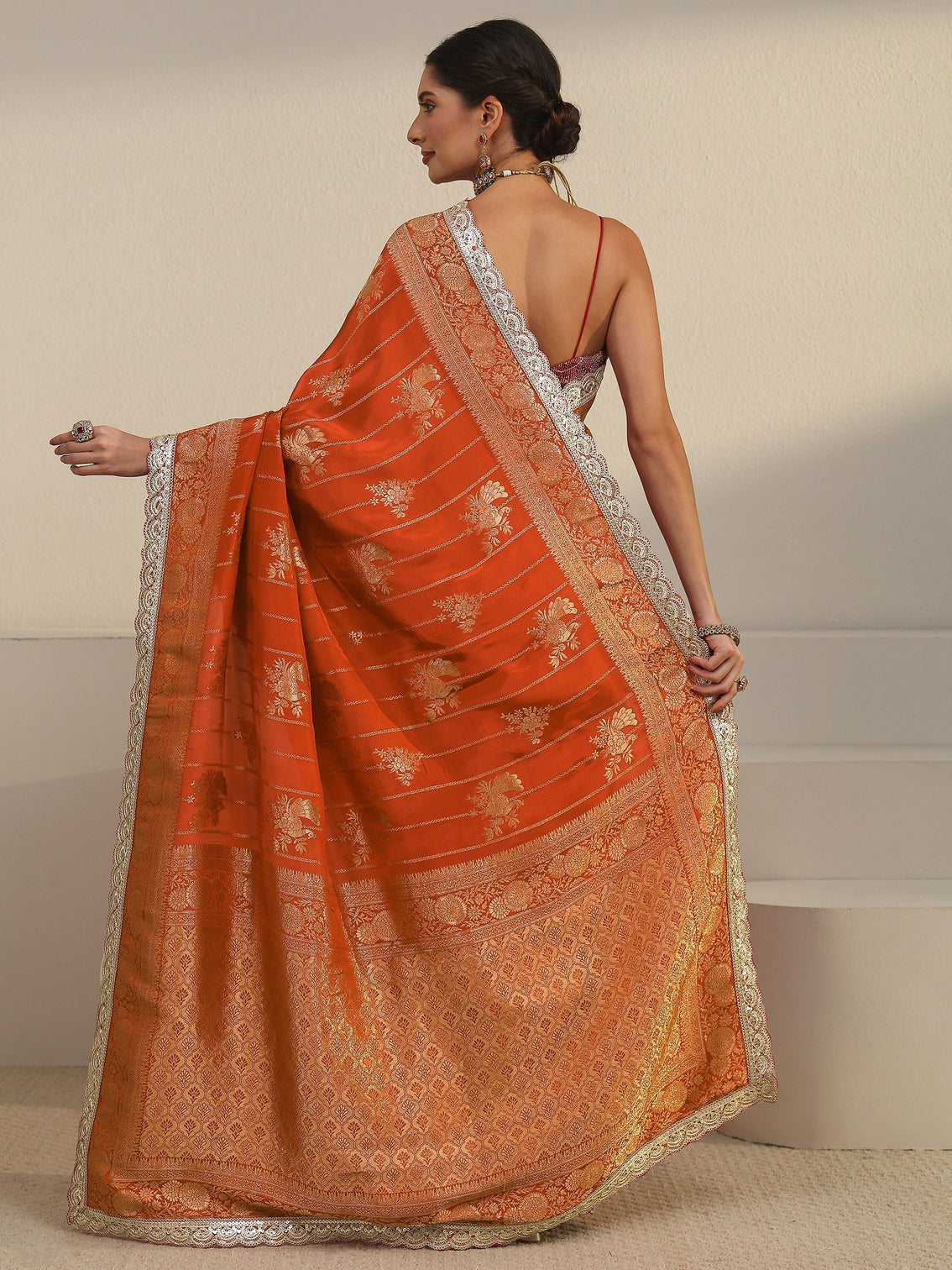 Mameraa Art Orange Peacock Woven Design Silk Blend Saree