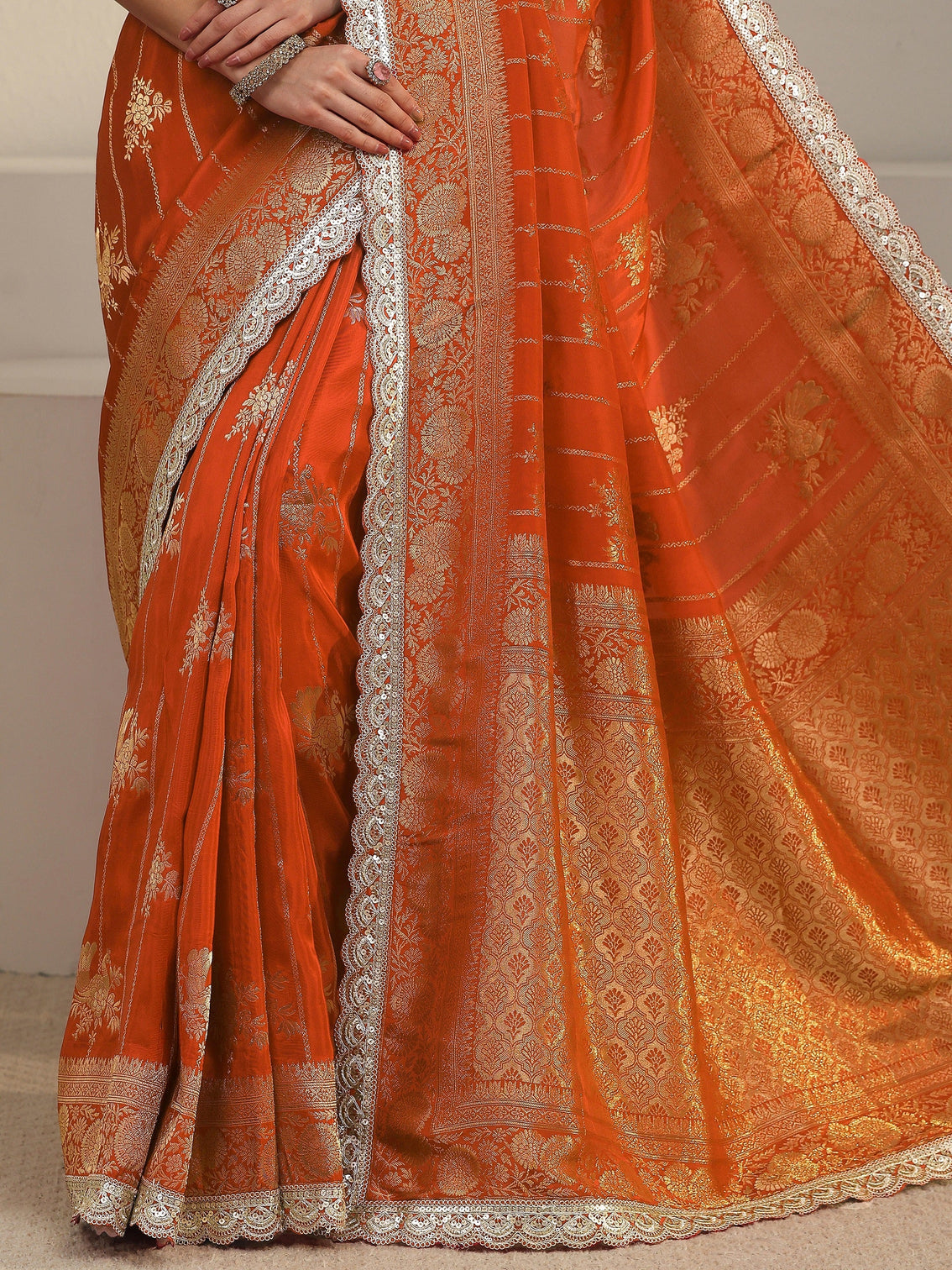 Mameraa Art Orange Peacock Woven Design Silk Blend Saree