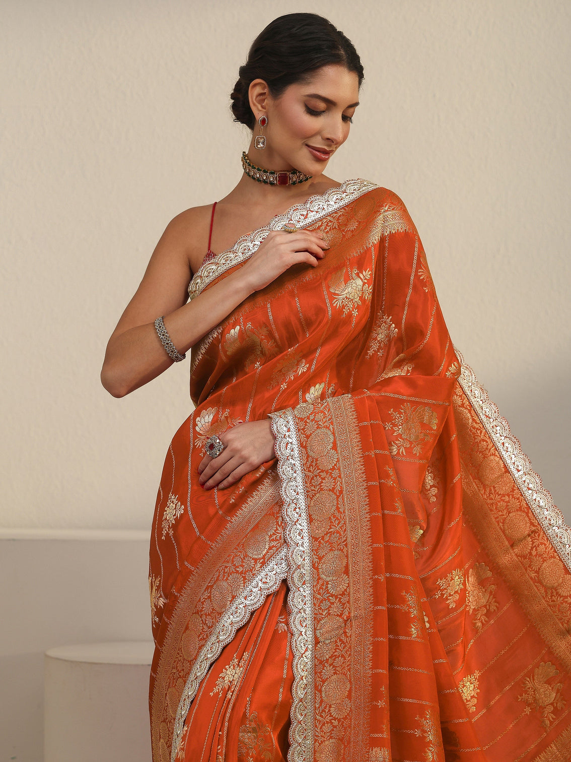 Mameraa Art Orange Peacock Woven Design Silk Blend Saree