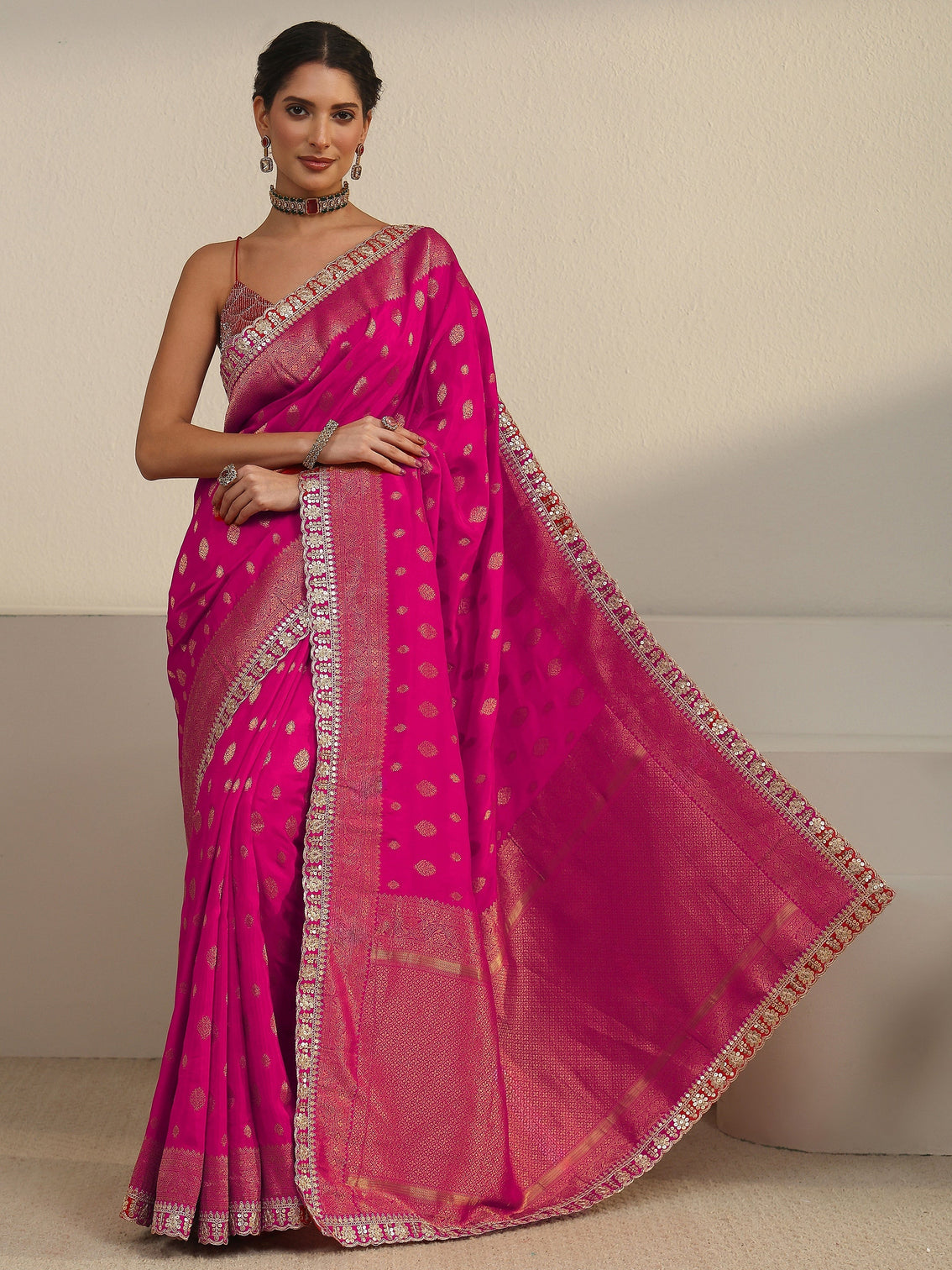 Mameraa Art Fuchsia Pink Woven Design Silk Blend Saree