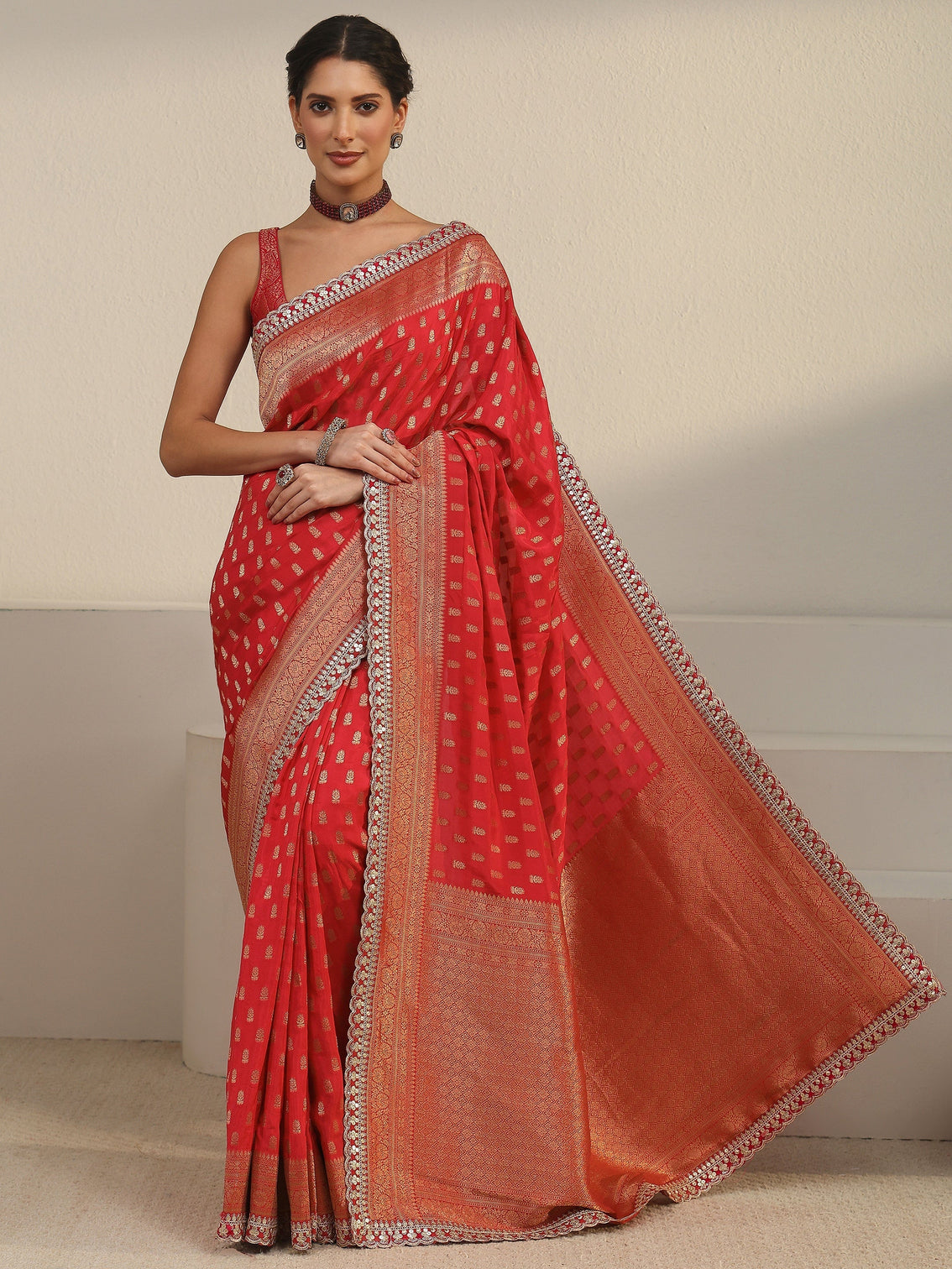Mameraa Art Red Orange Woven Design Silk Blend Saree