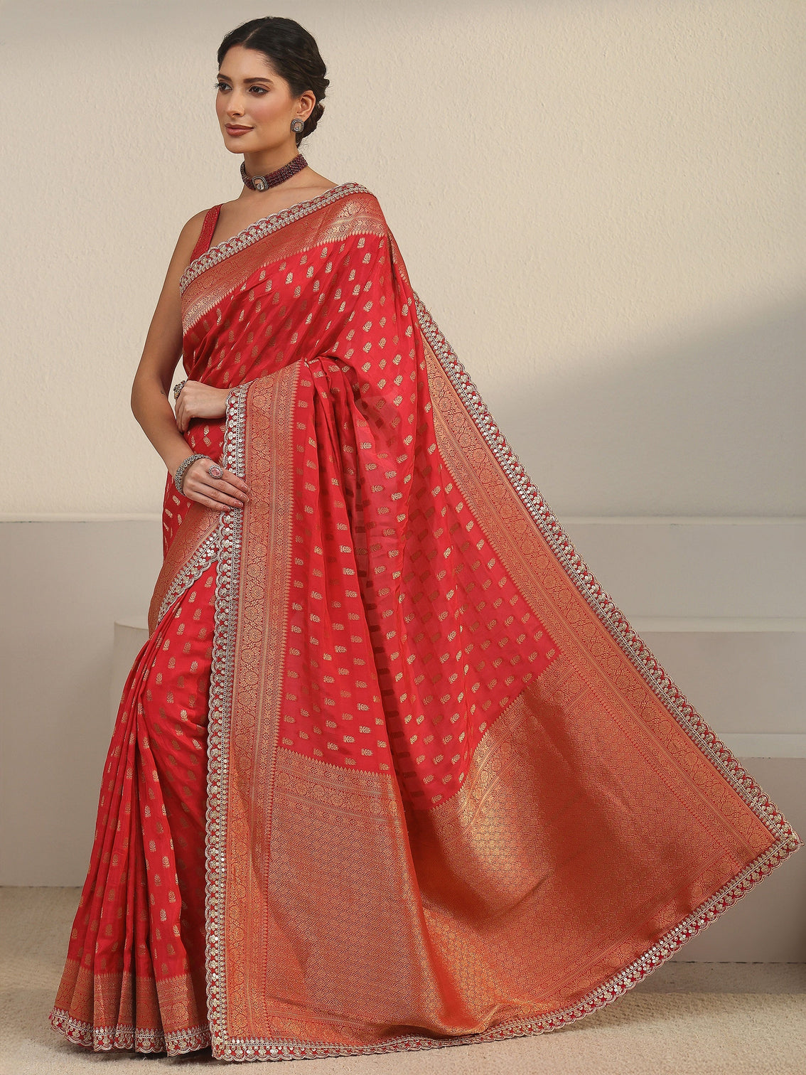 Mameraa Art Red Orange Woven Design Silk Blend Saree