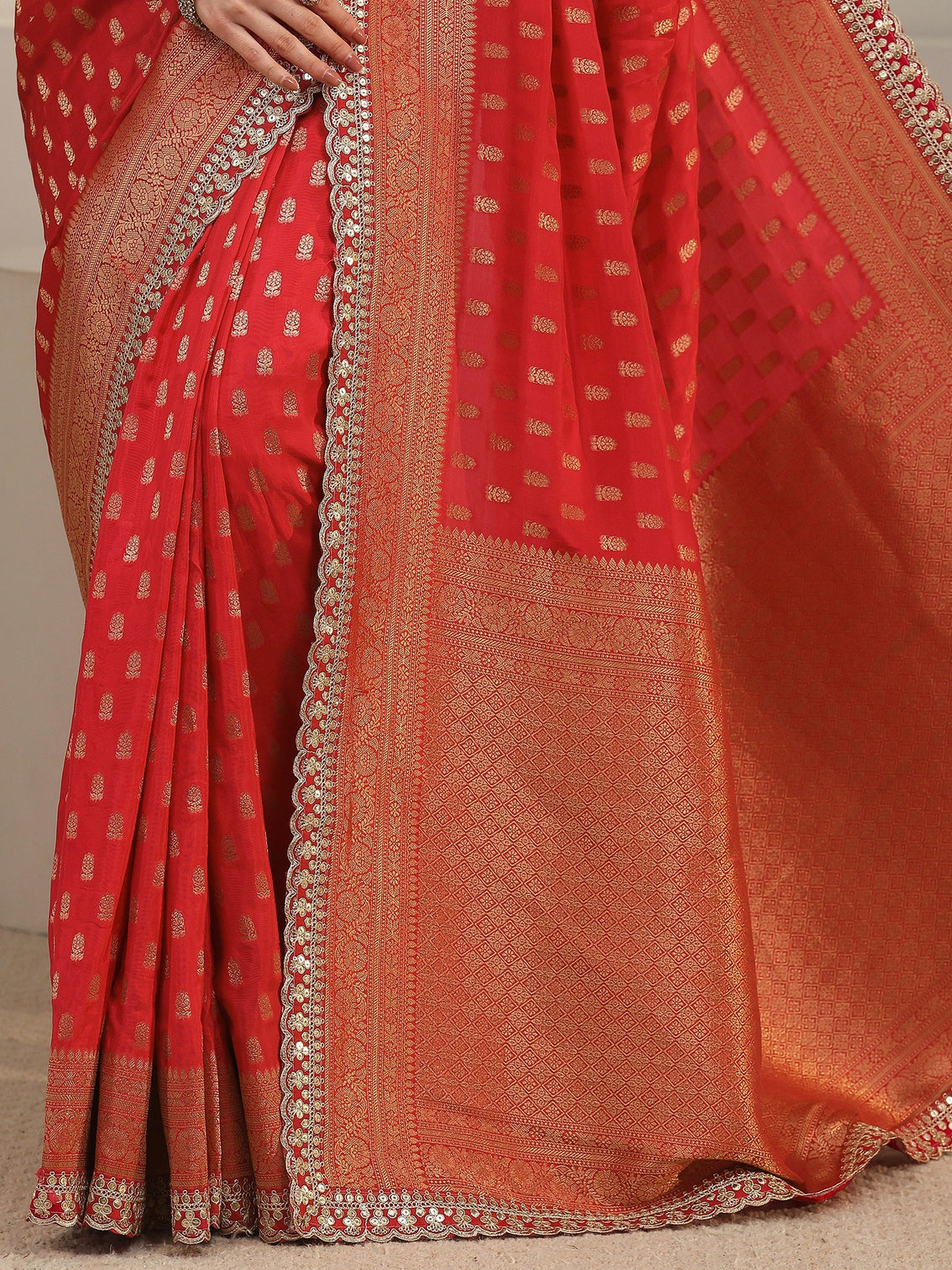 Mameraa Art Red Orange Woven Design Silk Blend Saree