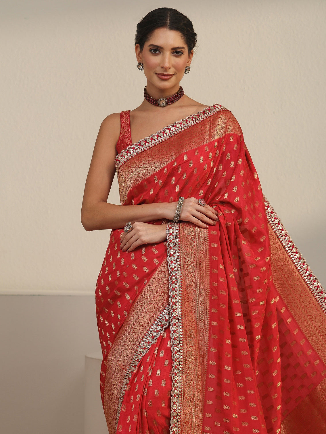 Mameraa Art Red Orange Woven Design Silk Blend Saree