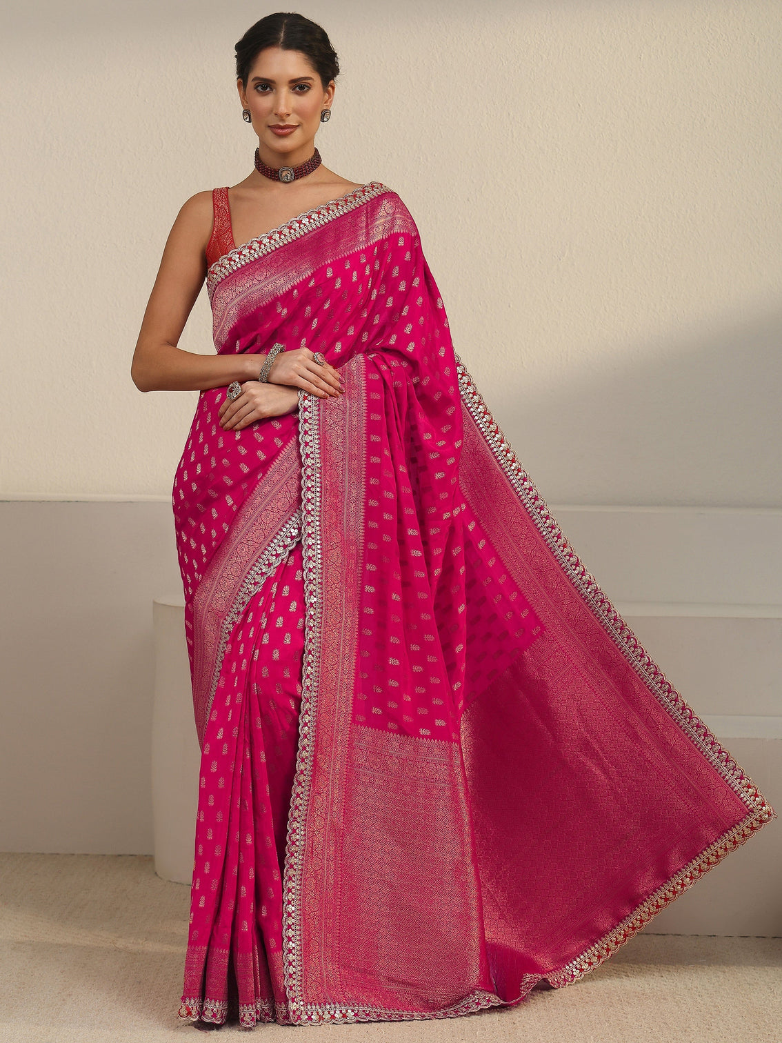 Mameraa Art Fuchsia Pink Woven Design Silk Blend Saree