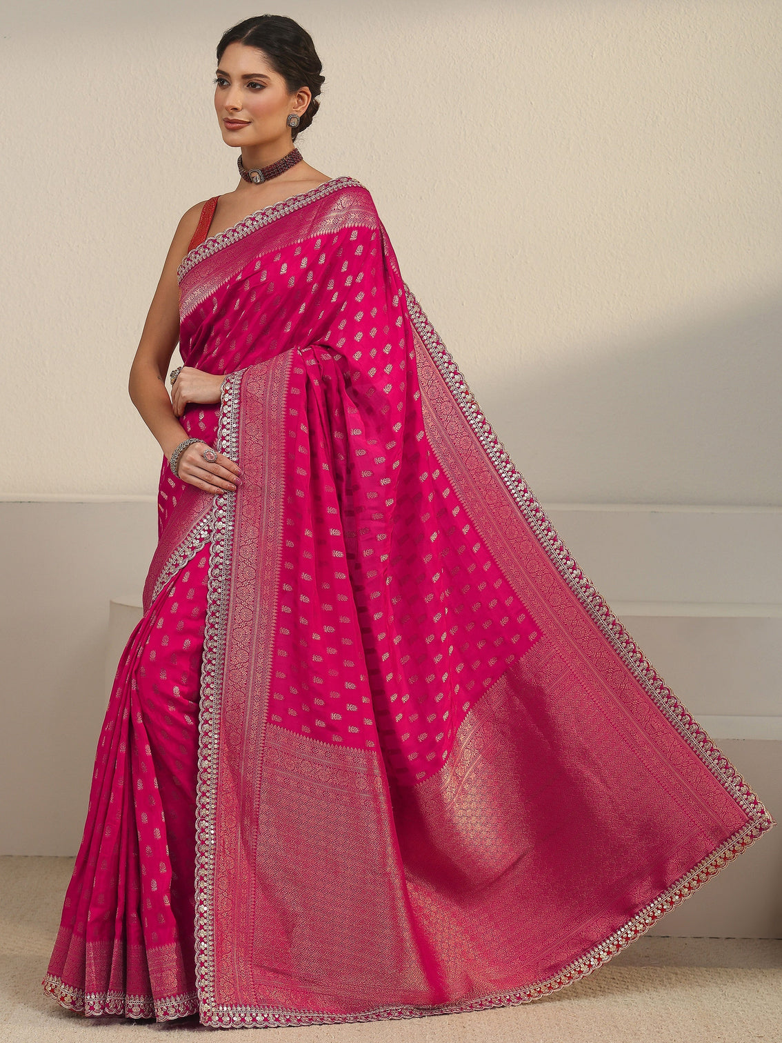 Mameraa Art Fuchsia Pink Woven Design Silk Blend Saree