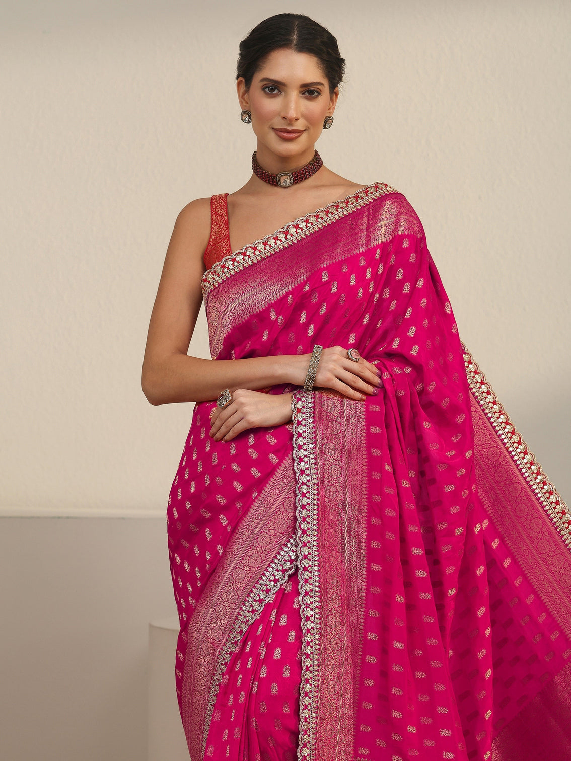 Mameraa Art Fuchsia Pink Woven Design Silk Blend Saree
