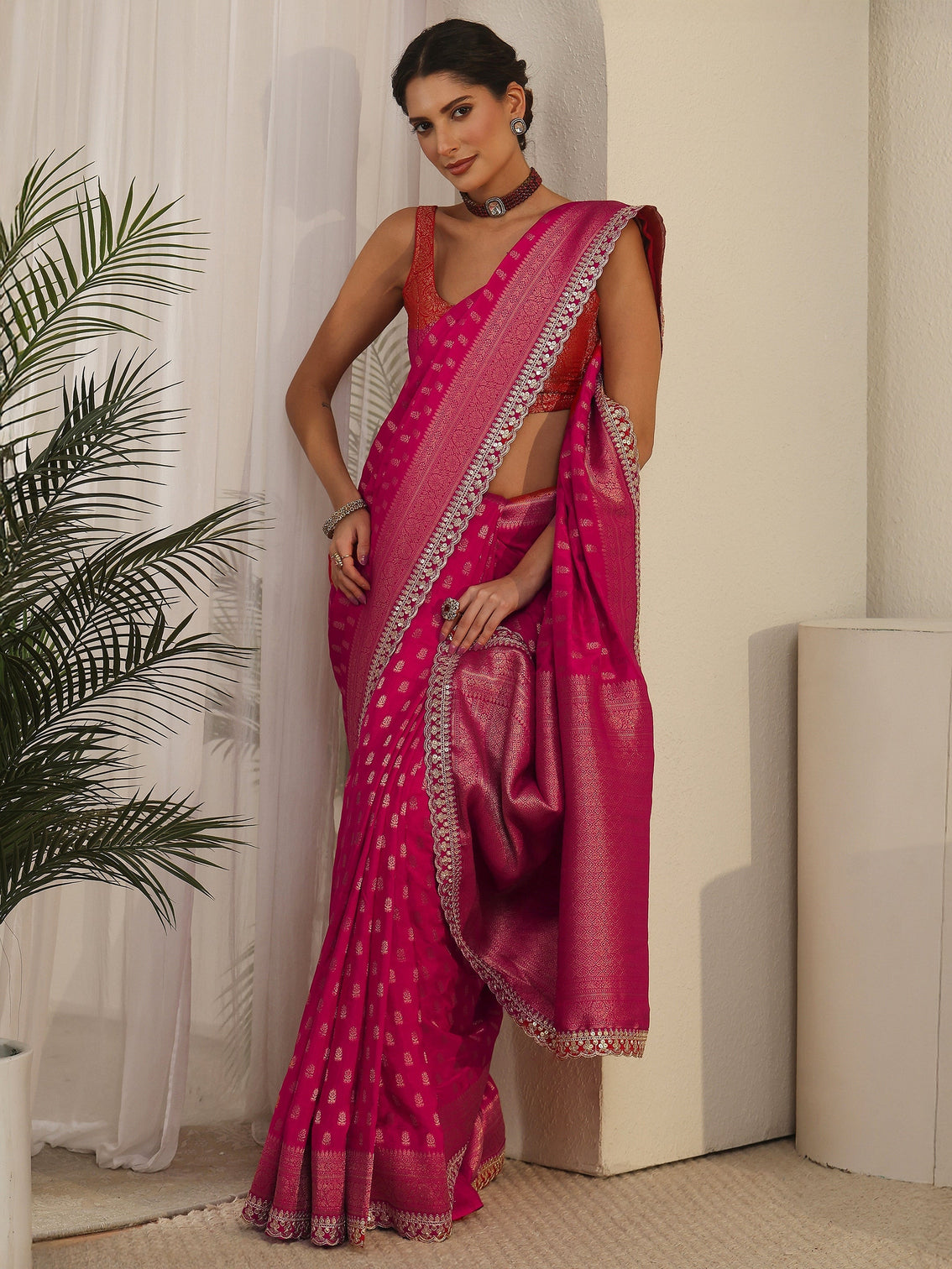 Mameraa Art Fuchsia Pink Woven Design Silk Blend Saree