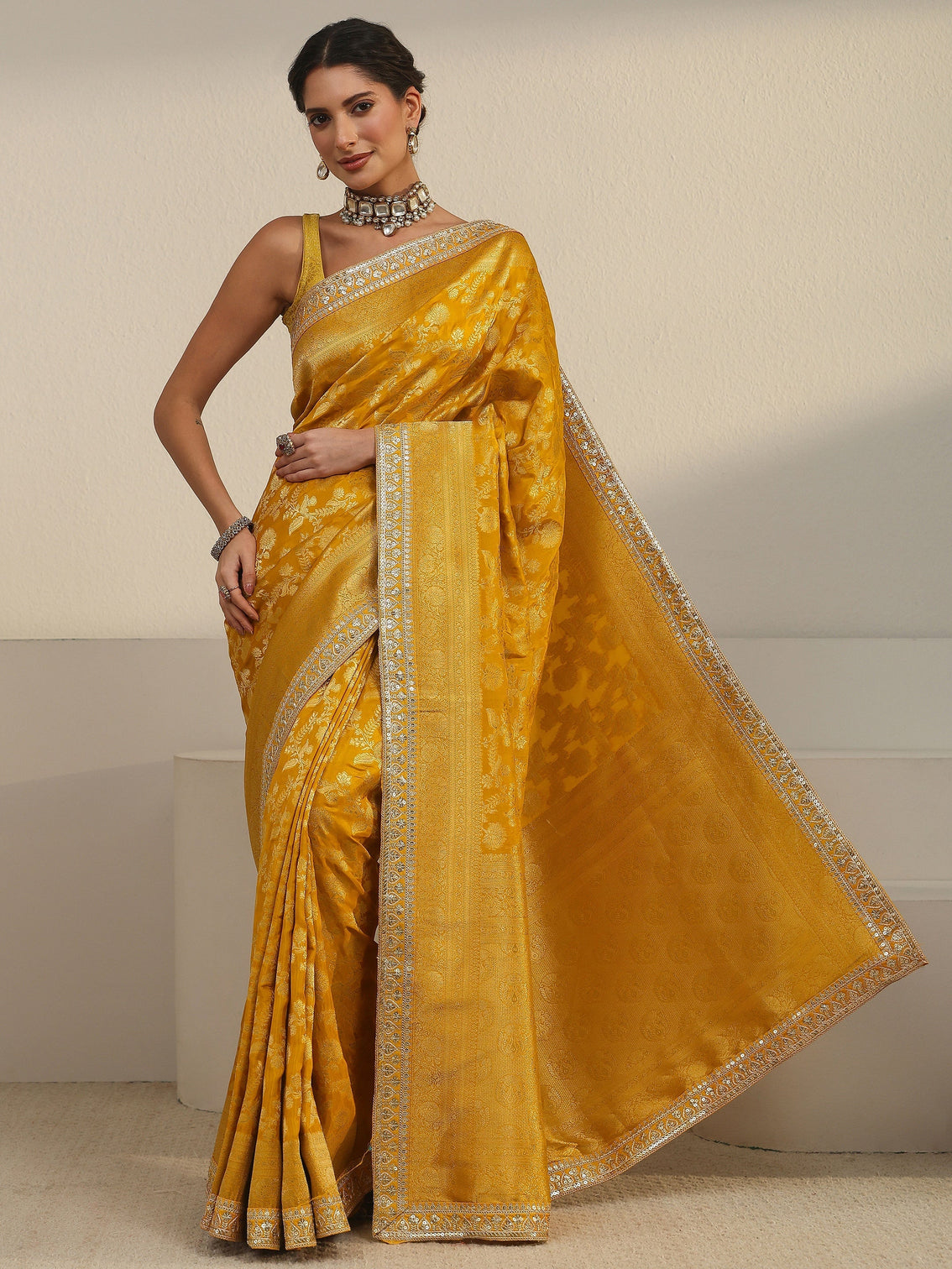 Mameraa Art Mustard Floral Woven Design Silk Blend Saree