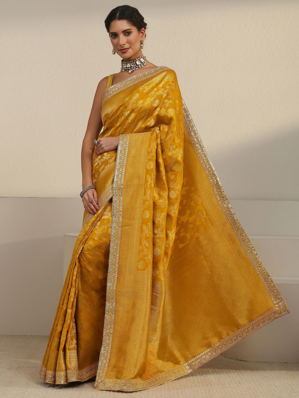 Mameraa Art Mustard Floral Woven Design Silk Blend Saree