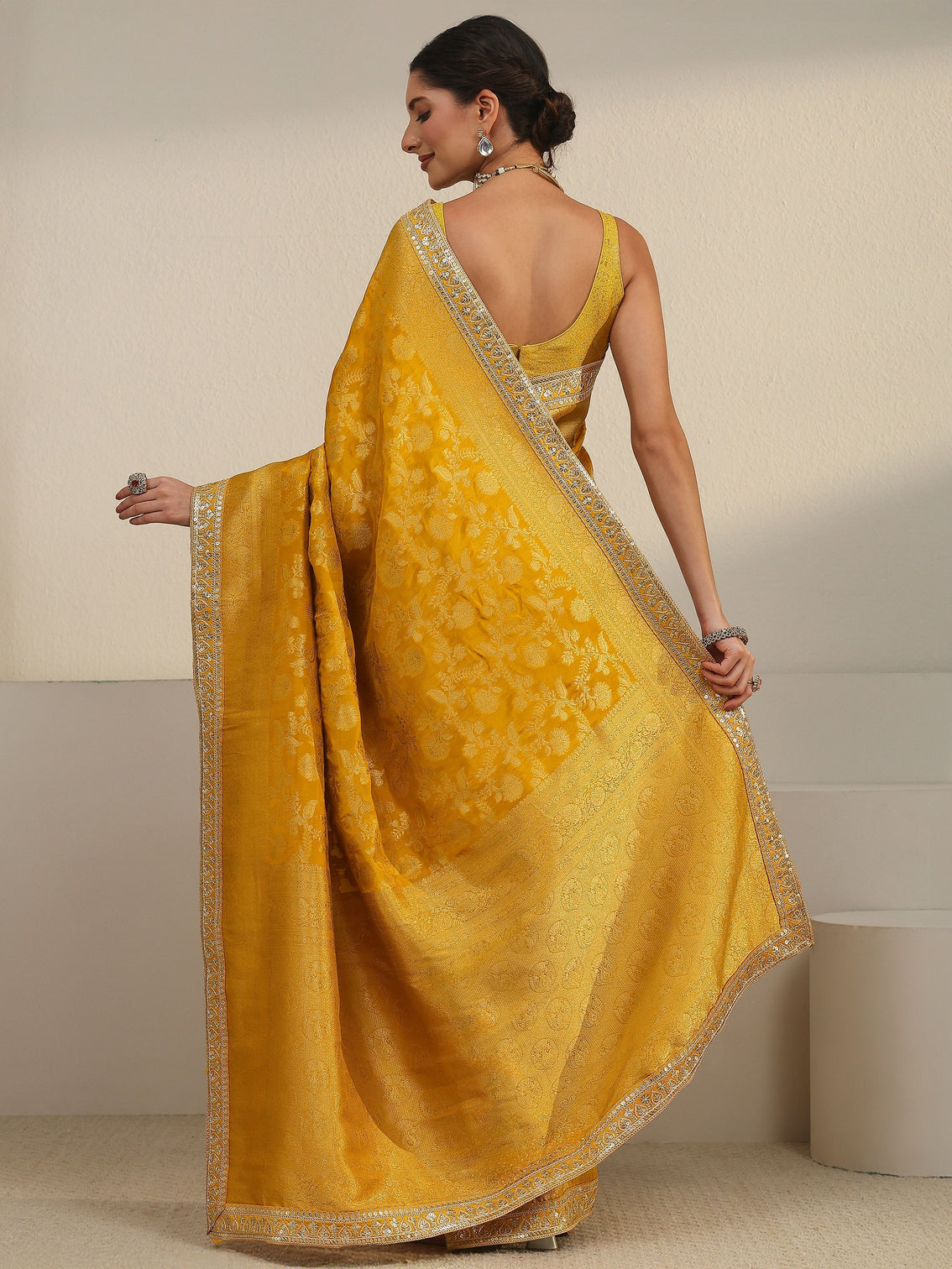 Mameraa Art Mustard Floral Woven Design Silk Blend Saree