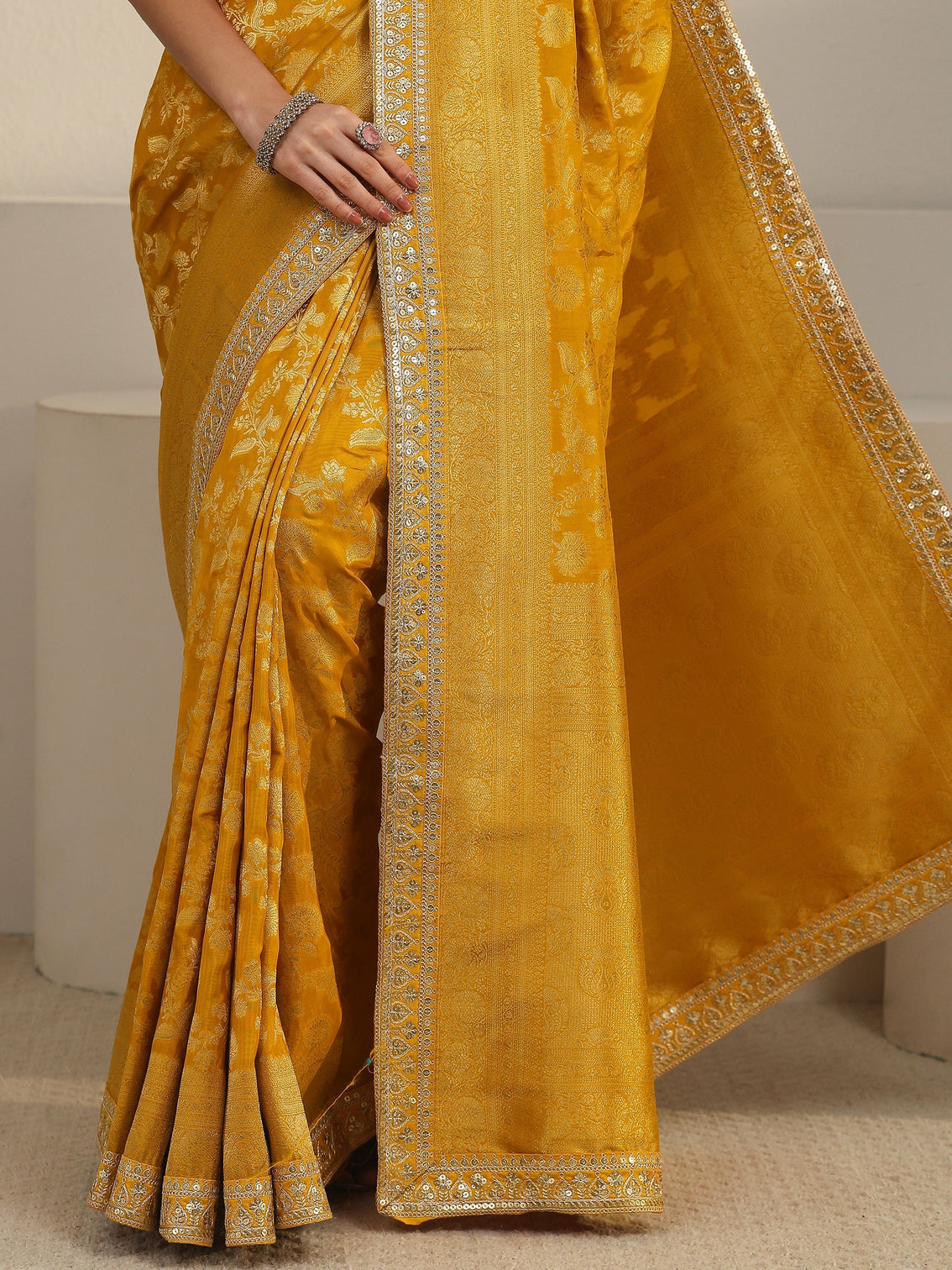 Mameraa Art Mustard Floral Woven Design Silk Blend Saree