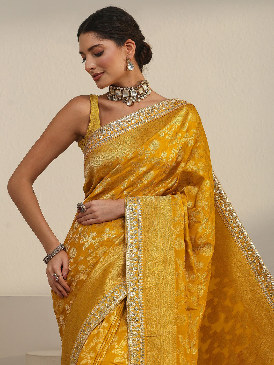 Mameraa Art Mustard Floral Woven Design Silk Blend Saree
