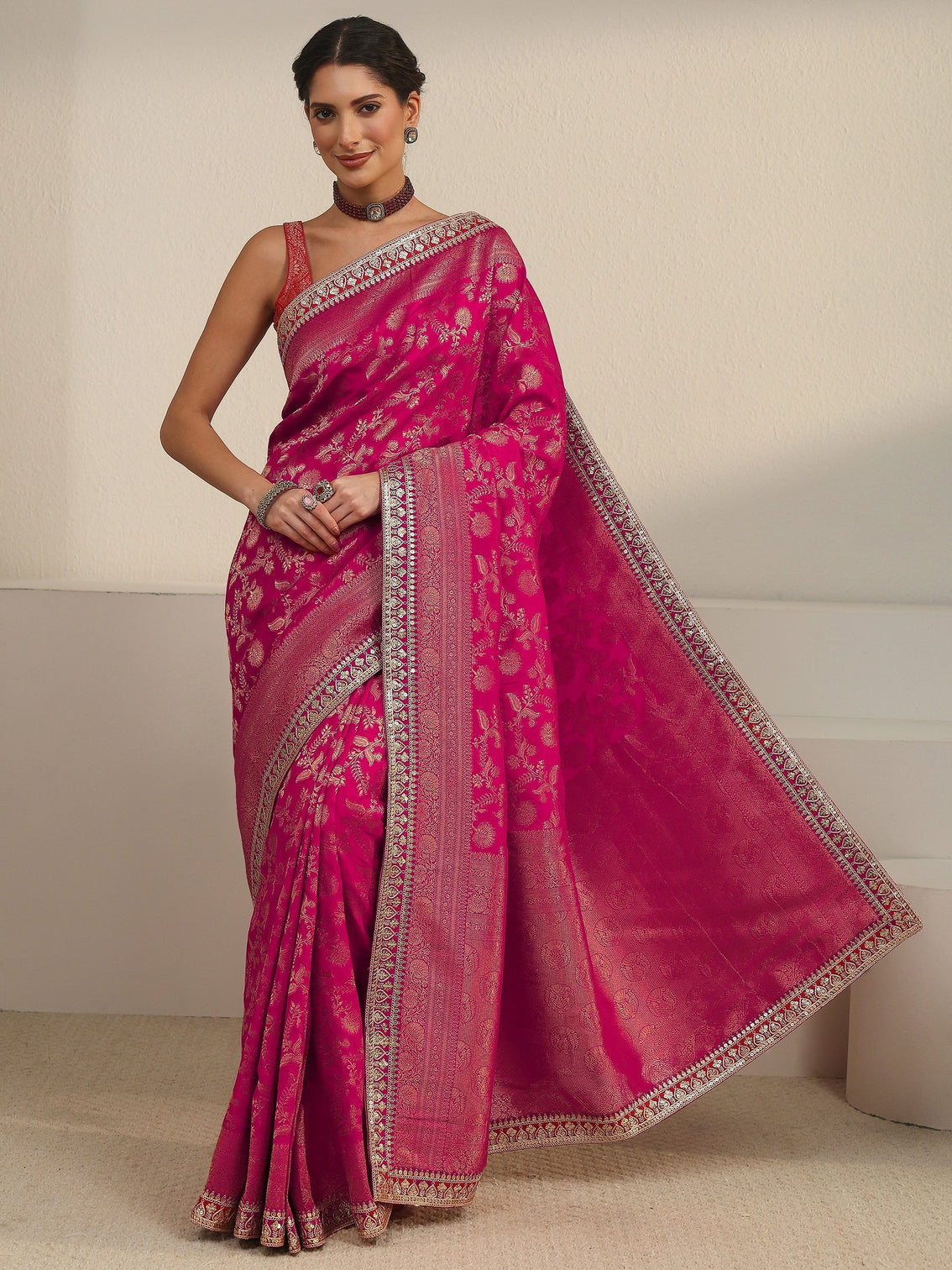 Mameraa Art Pink Floral Woven Design Silk Blend Saree