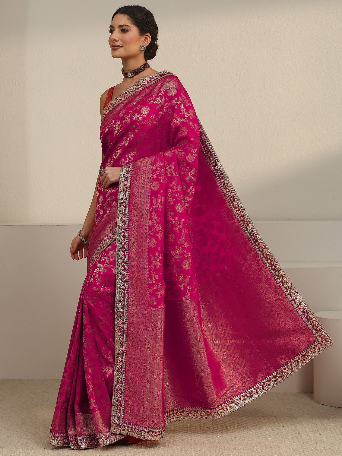 Mameraa Art Pink Floral Woven Design Silk Blend Saree