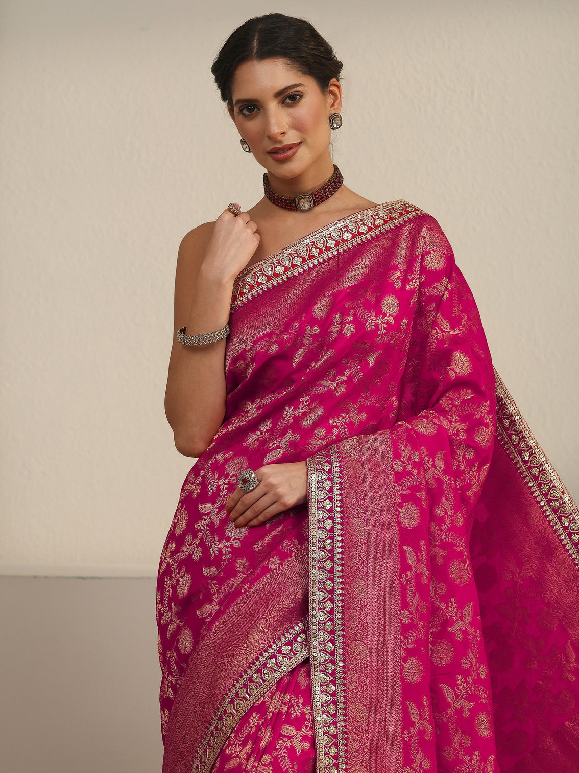 Mameraa Art Pink Floral Woven Design Silk Blend Saree