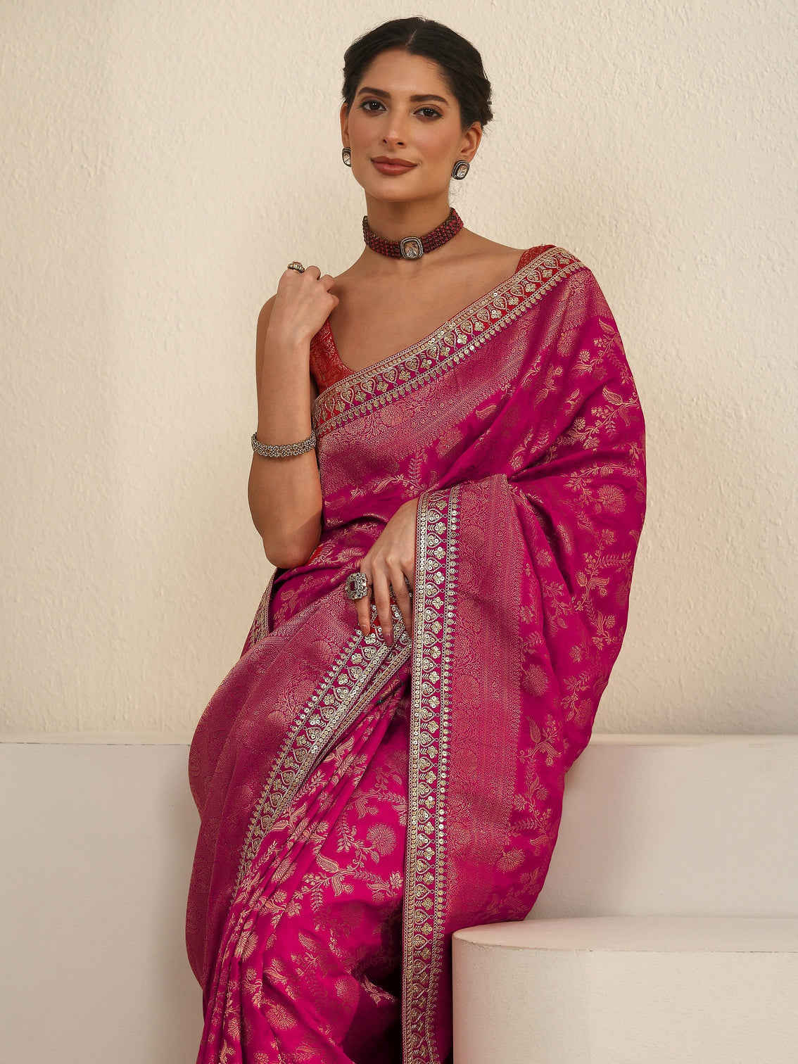 Mameraa Art Pink Floral Woven Design Silk Blend Saree