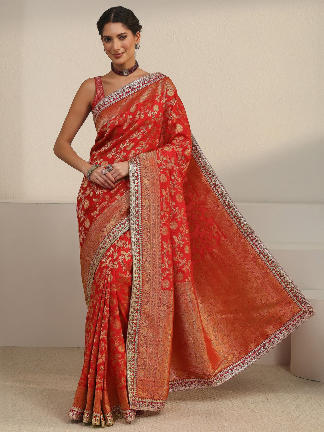 Mameraa Art Red Orange Floral Woven Design Silk Blend Saree