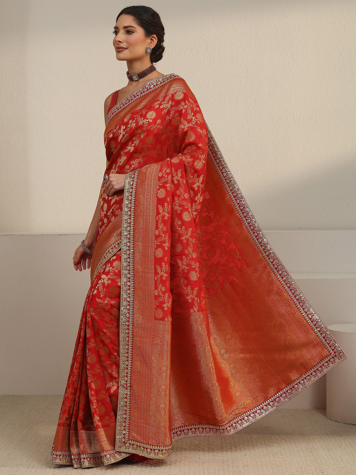 Mameraa Art Red Orange Floral Woven Design Silk Blend Saree
