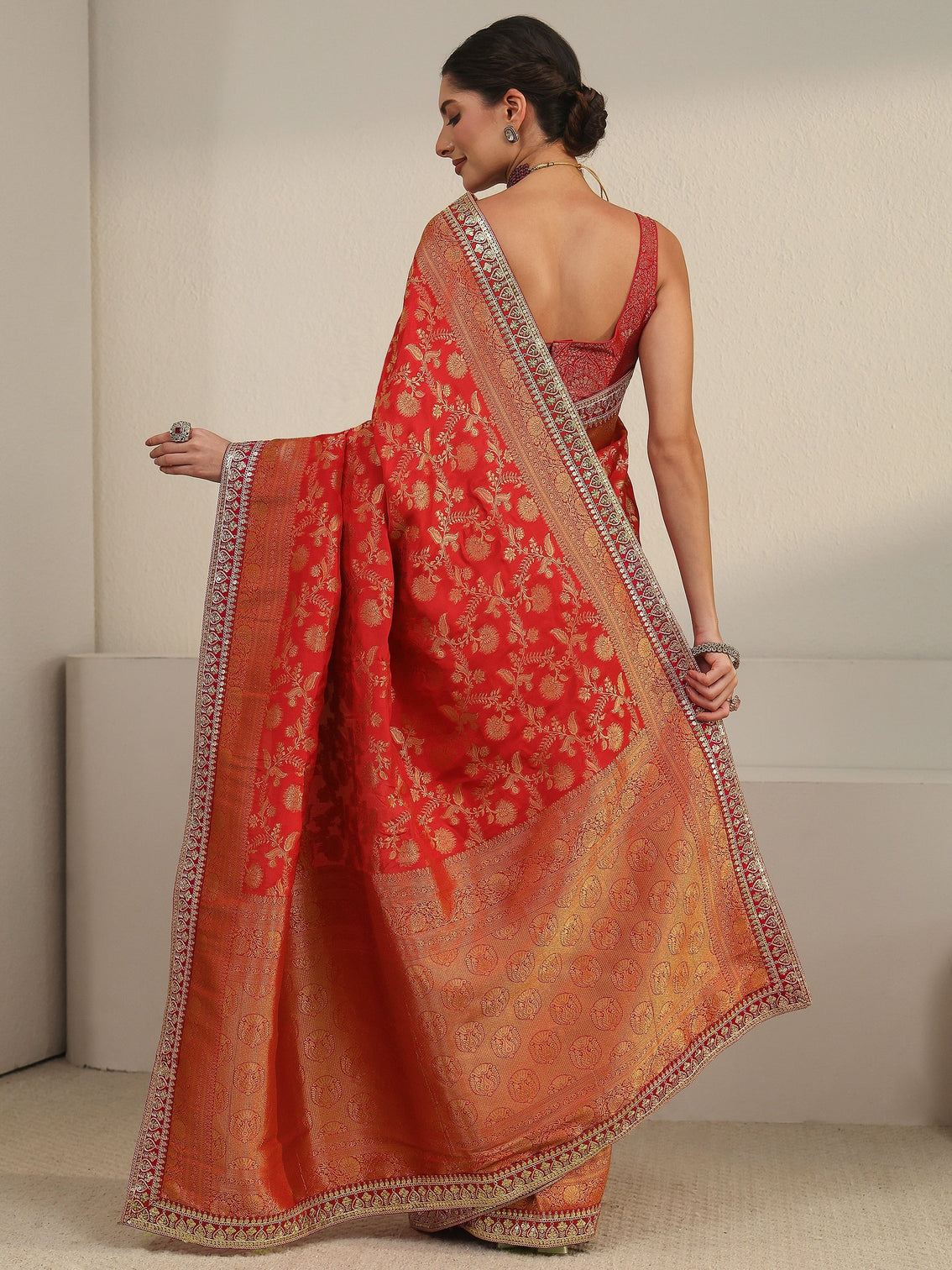 Mameraa Art Red Orange Floral Woven Design Silk Blend Saree