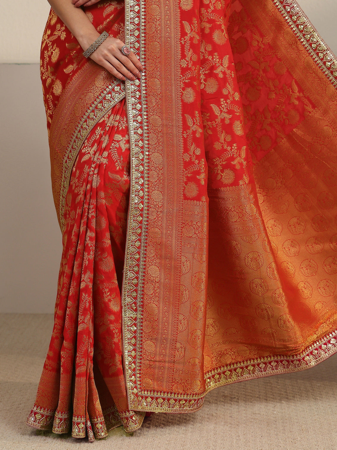 Mameraa Art Red Orange Floral Woven Design Silk Blend Saree