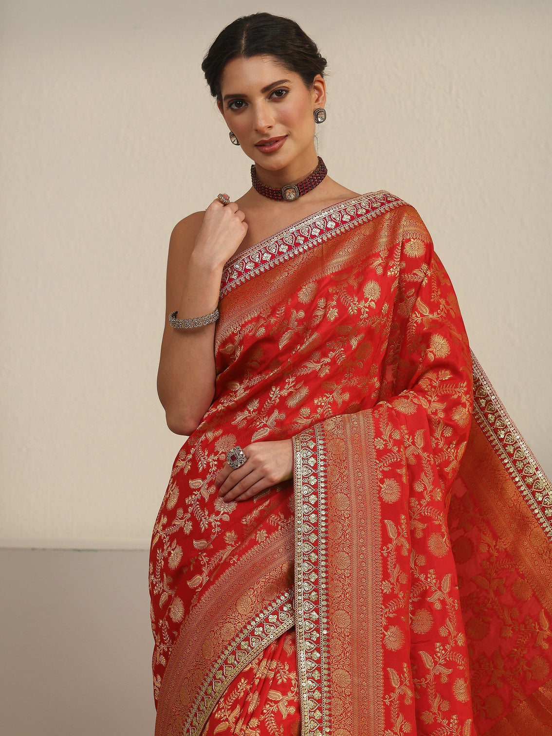 Mameraa Art Red Orange Floral Woven Design Silk Blend Saree
