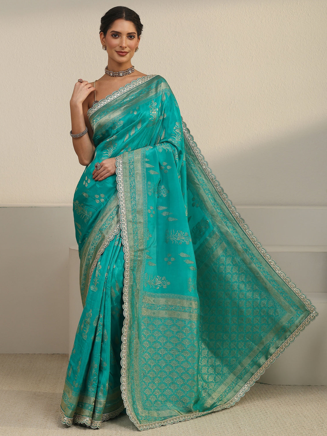Mameraa Art Turquoise Flower Woven Design Satin Saree