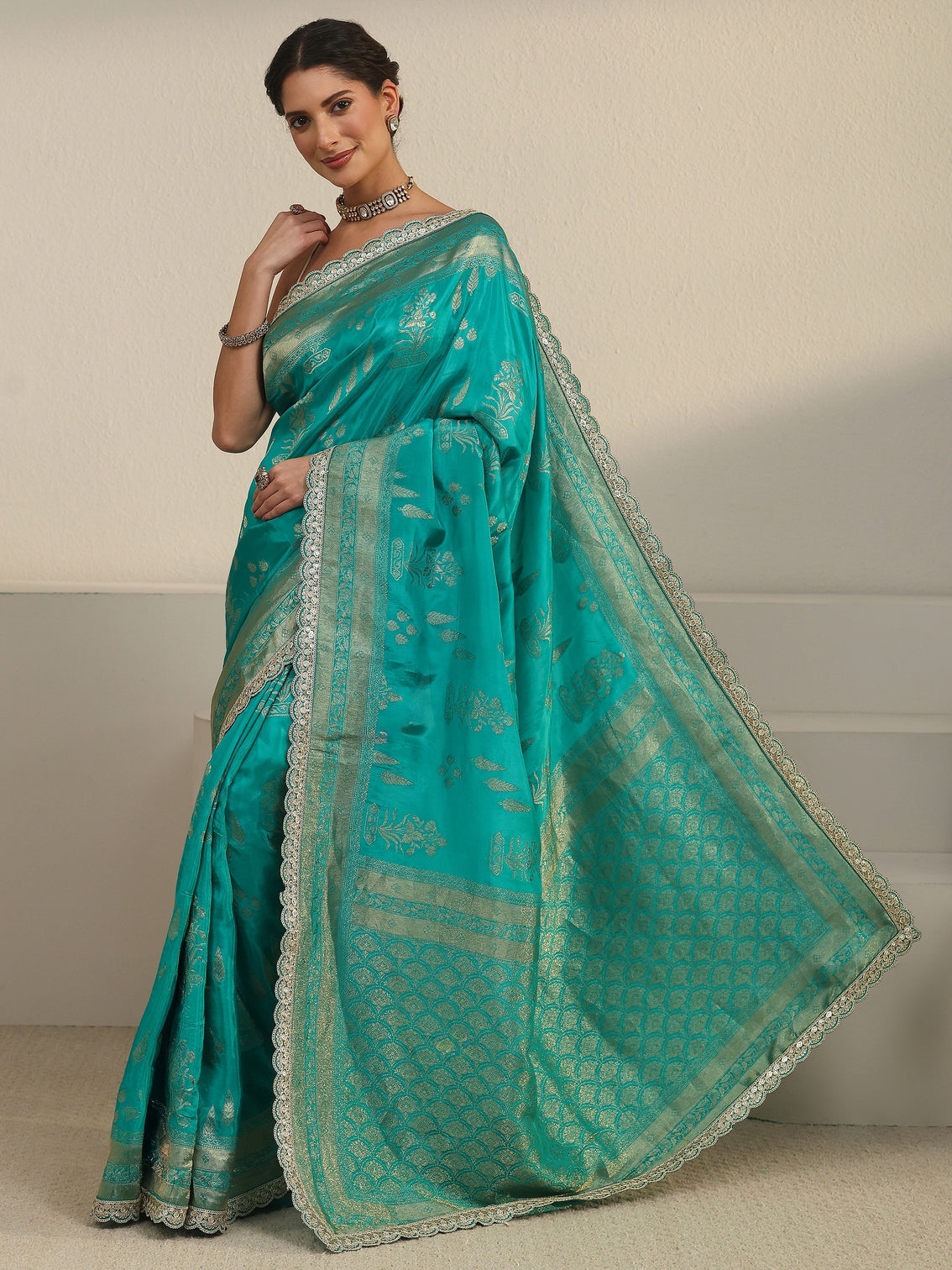 Mameraa Art Turquoise Flower Woven Design Satin Saree