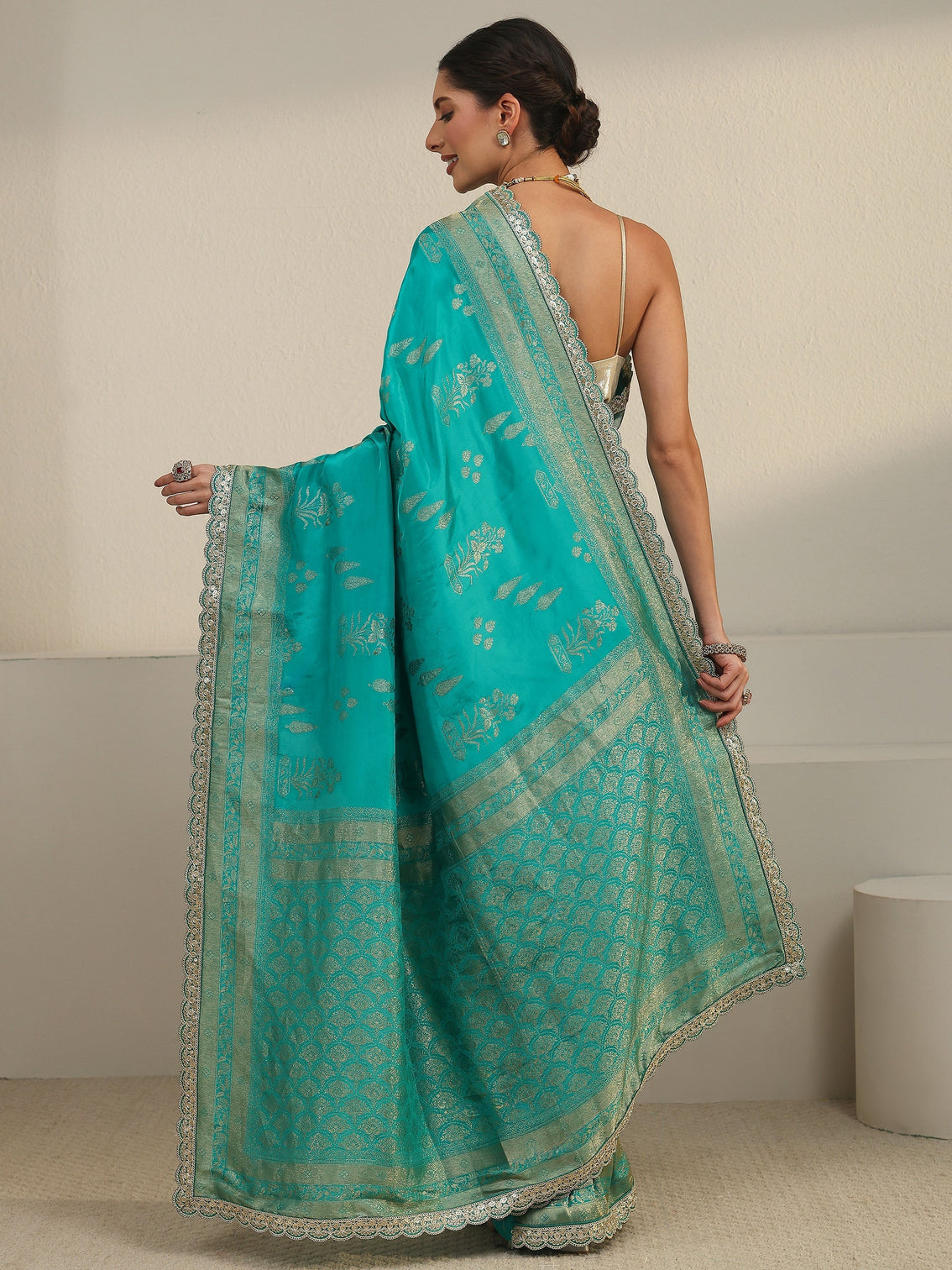 Mameraa Art Turquoise Flower Woven Design Satin Saree