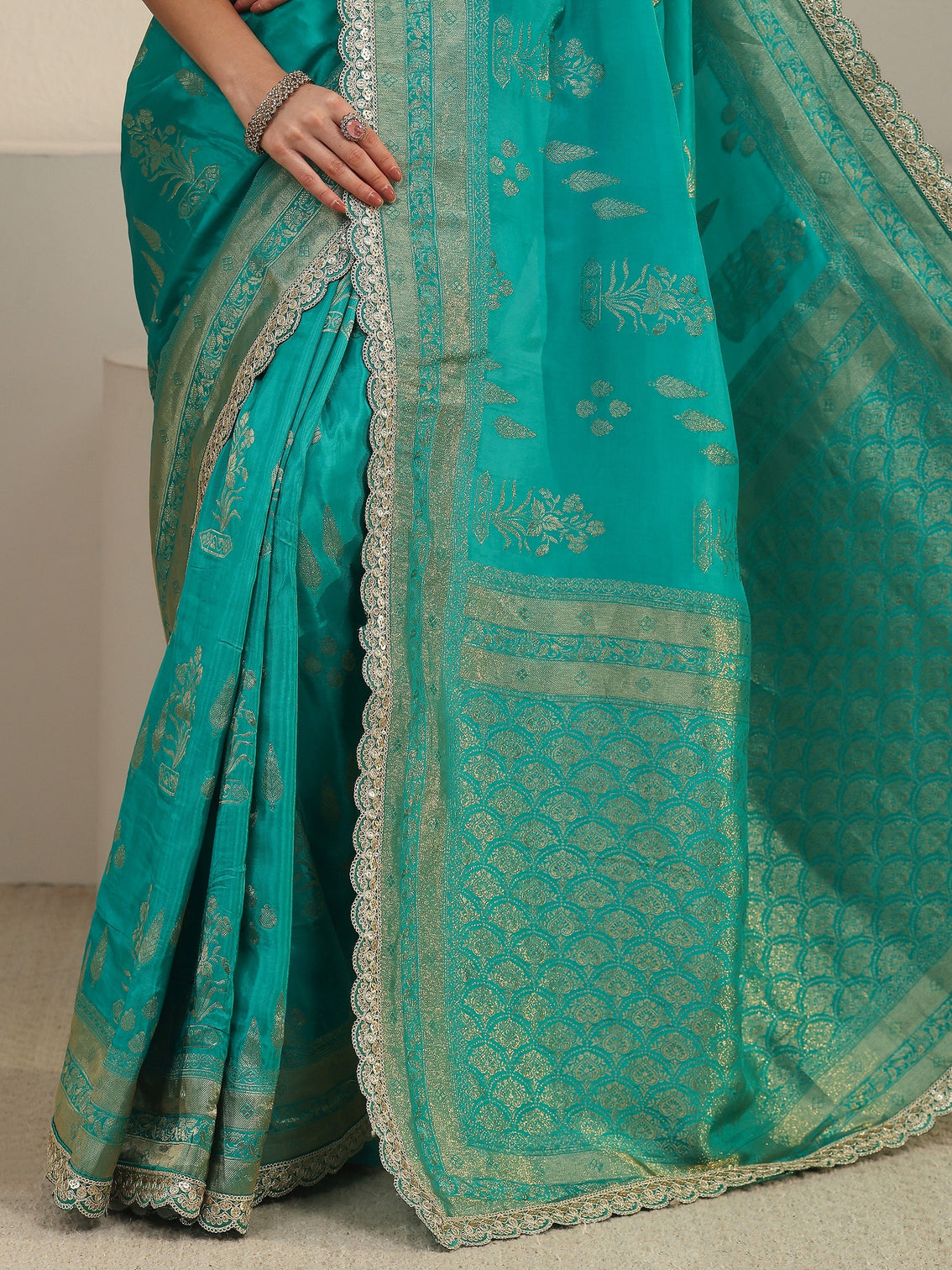 Mameraa Art Turquoise Flower Woven Design Satin Saree