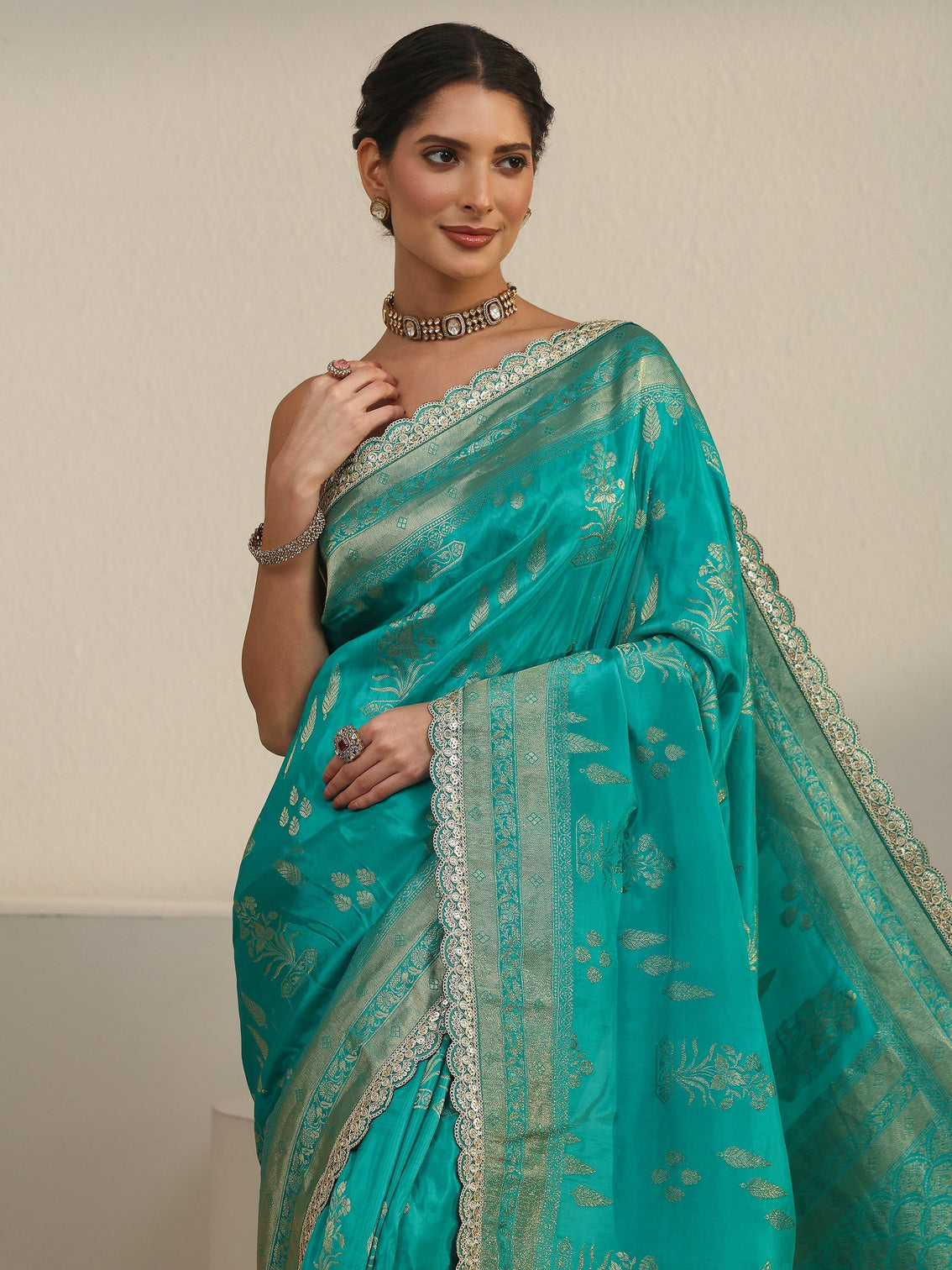 Mameraa Art Turquoise Flower Woven Design Satin Saree