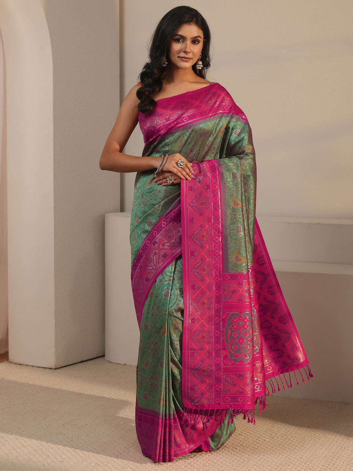 Mameraa Green Patola Silk Blend Saree
