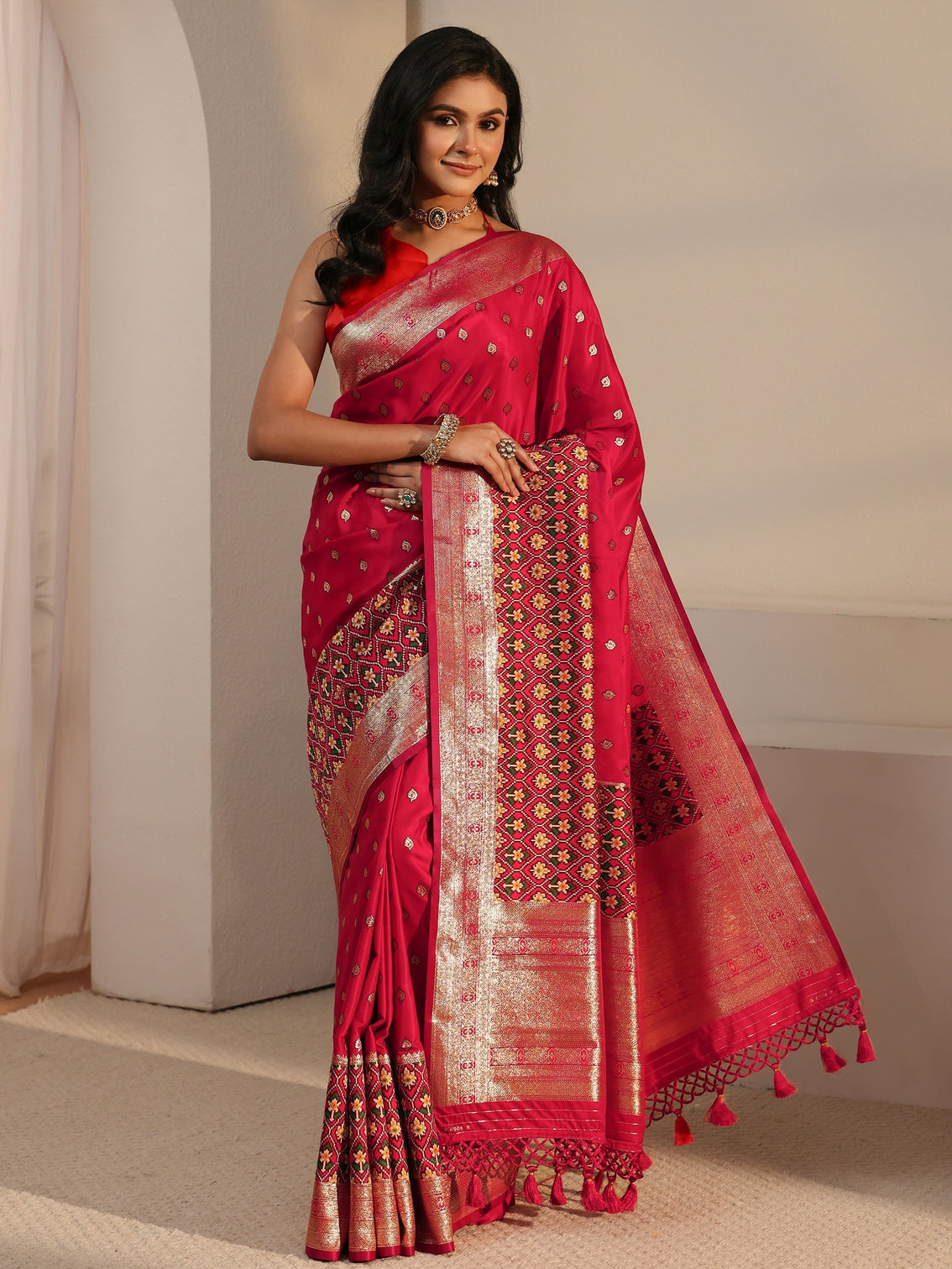 Mameraa Vermillion Red Woven Design Satin Saree