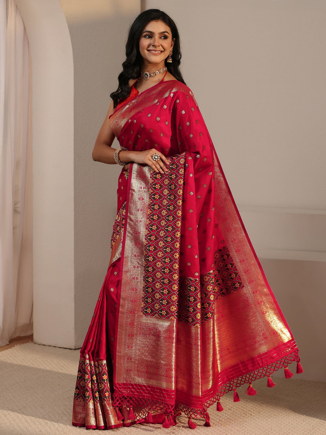 Mameraa Vermillion Red Woven Design Satin Saree