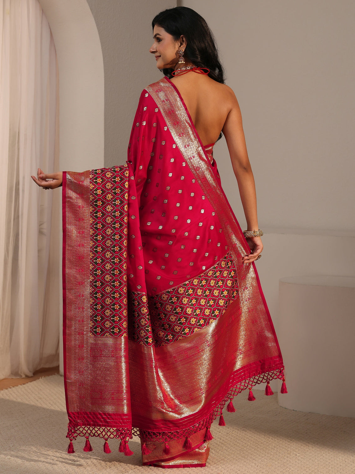Mameraa Vermillion Red Woven Design Satin Saree